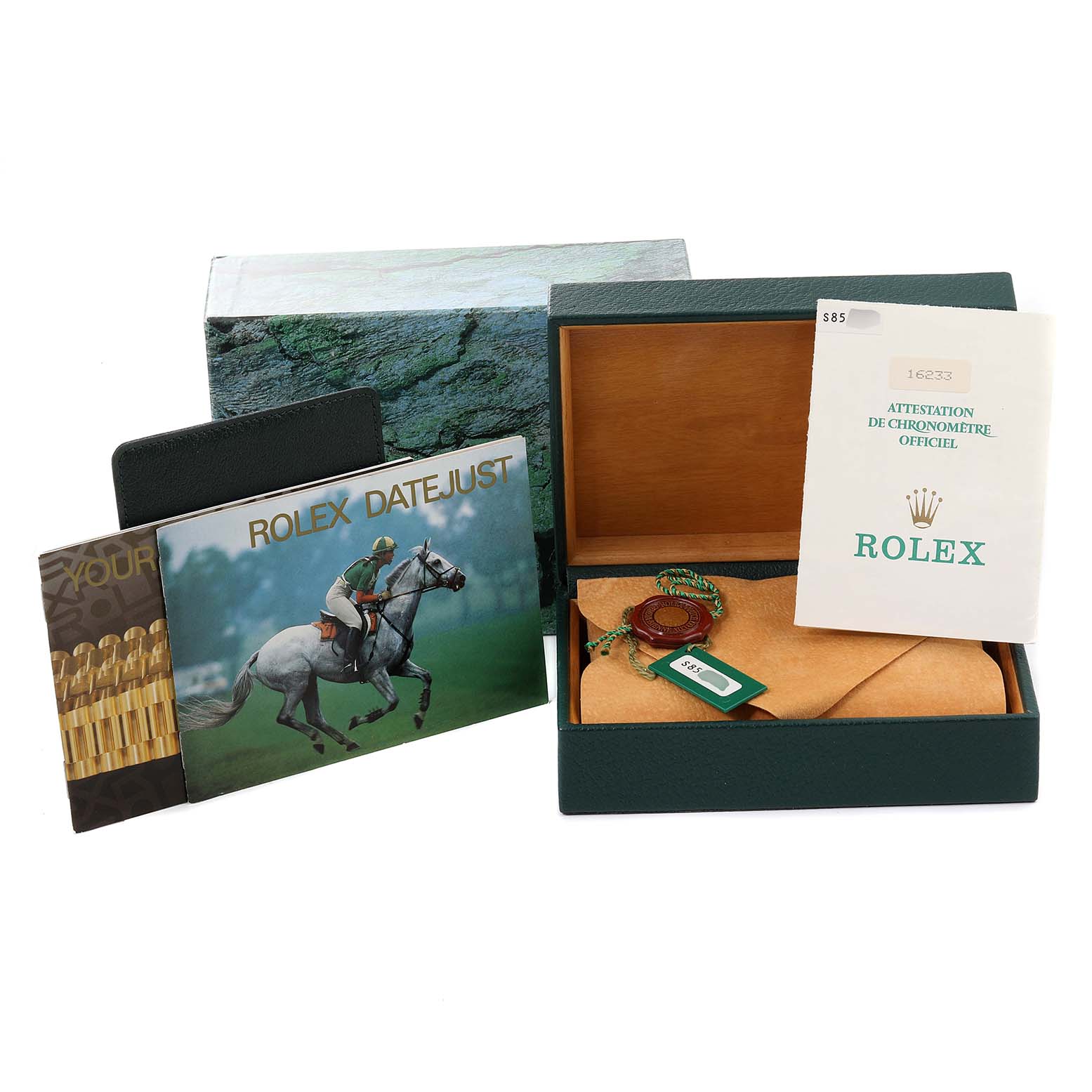 The image shows a Rolex Datejust 16233 Men's Steel and Gold (two tone) White Dial 16233 Men's Steel and Gold (two tone) White Dial watch box with documentation, tags, and accessories. No watch is visible.