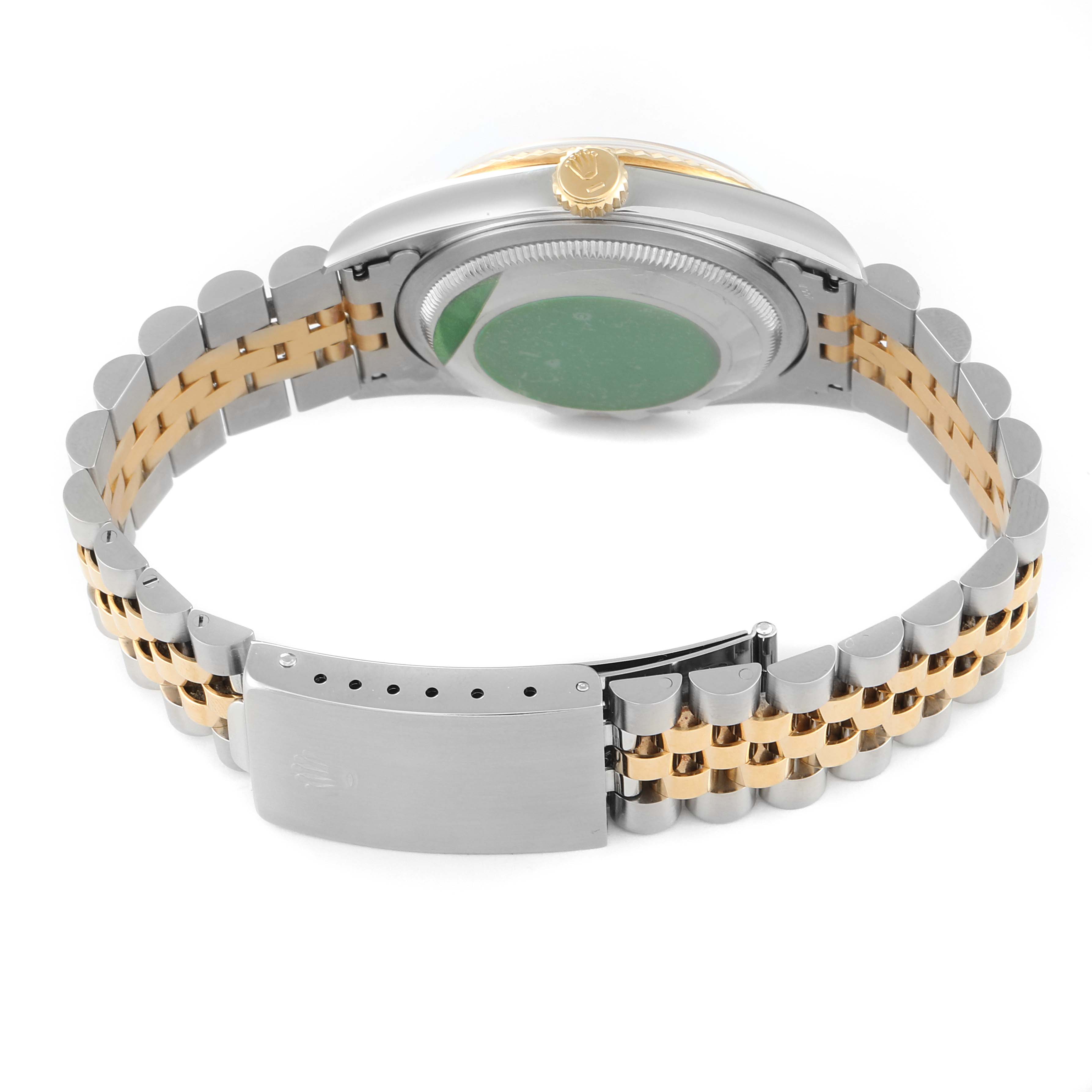 The image shows the back view, bracelet, and clasp of a Rolex Datejust 16233 Men's Steel and Gold (two tone) White Dial 16233 Men's Steel and Gold (two tone) White Dial watch.