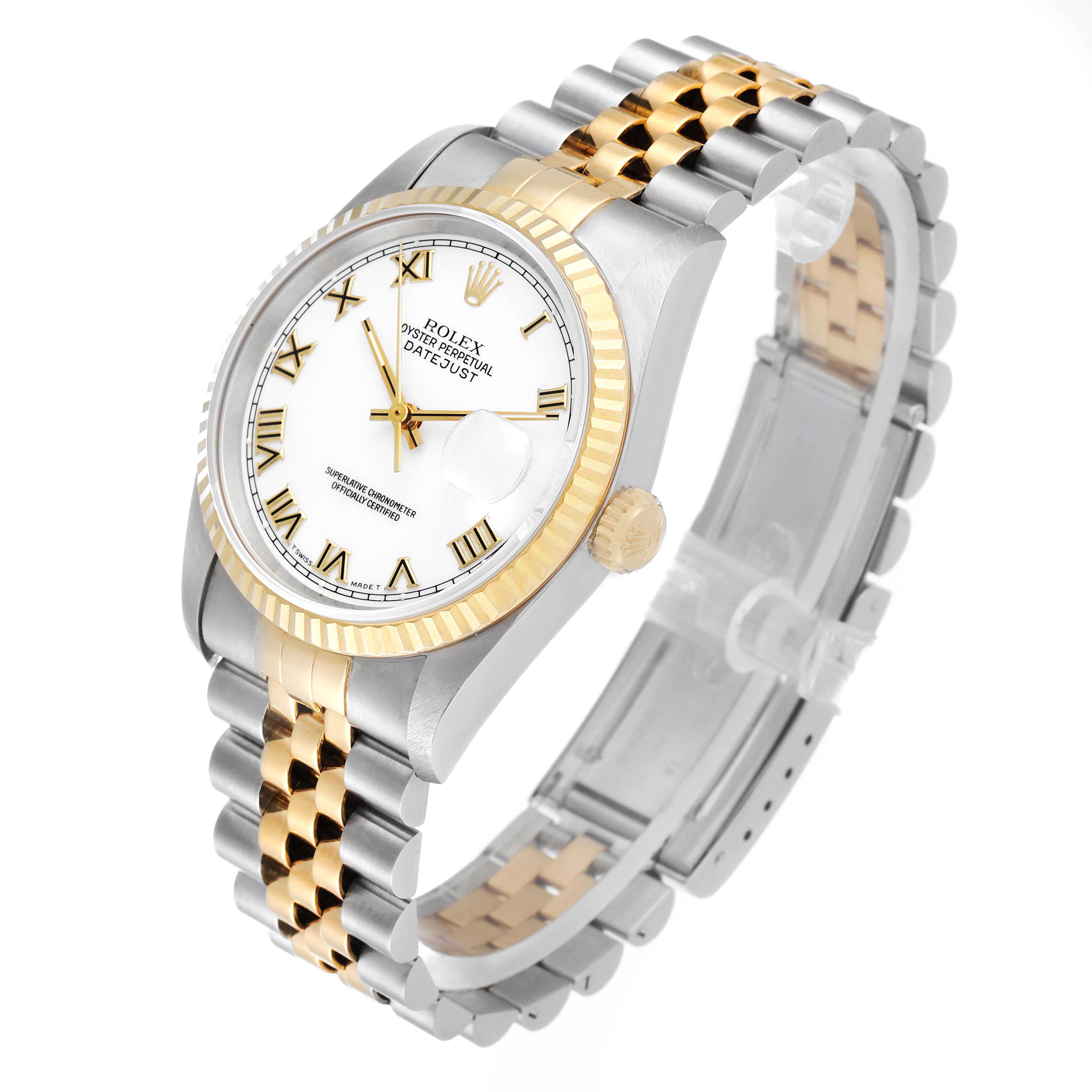 The image shows a Rolex Datejust 16233 Men's Steel and Gold (two tone) White Dial 16233 Men's Steel and Gold (two tone) White Dial watch at a three-quarter angle, highlighting the face, bezel, crown, and part of the bracelet.