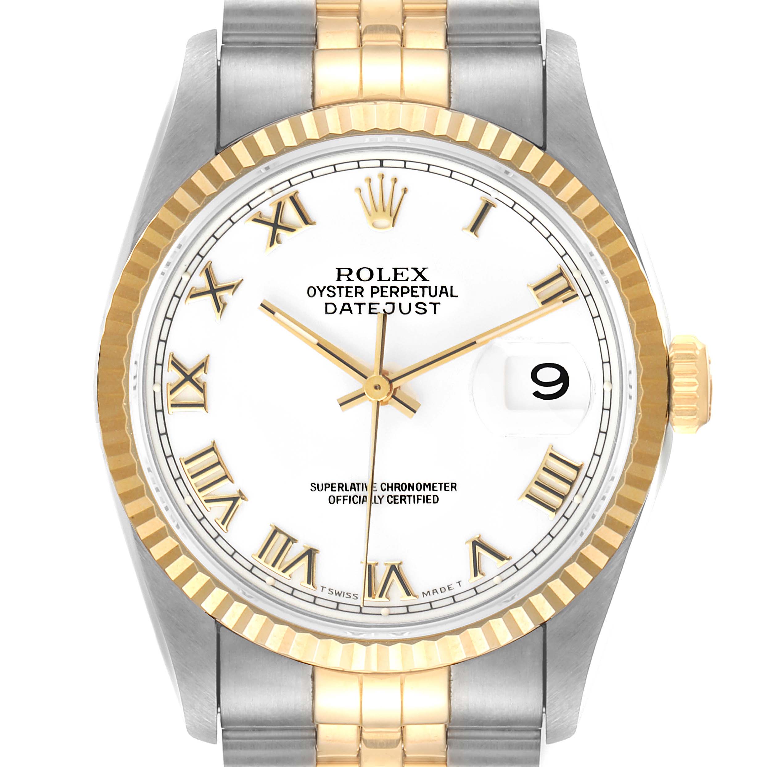This image shows a front view of a Rolex Datejust 16233 Men's Steel and Gold (two tone) White Dial 16233 Men's Steel and Gold (two tone) White Dial watch, highlighting the dial, hands, date window, and part of the bracelet.