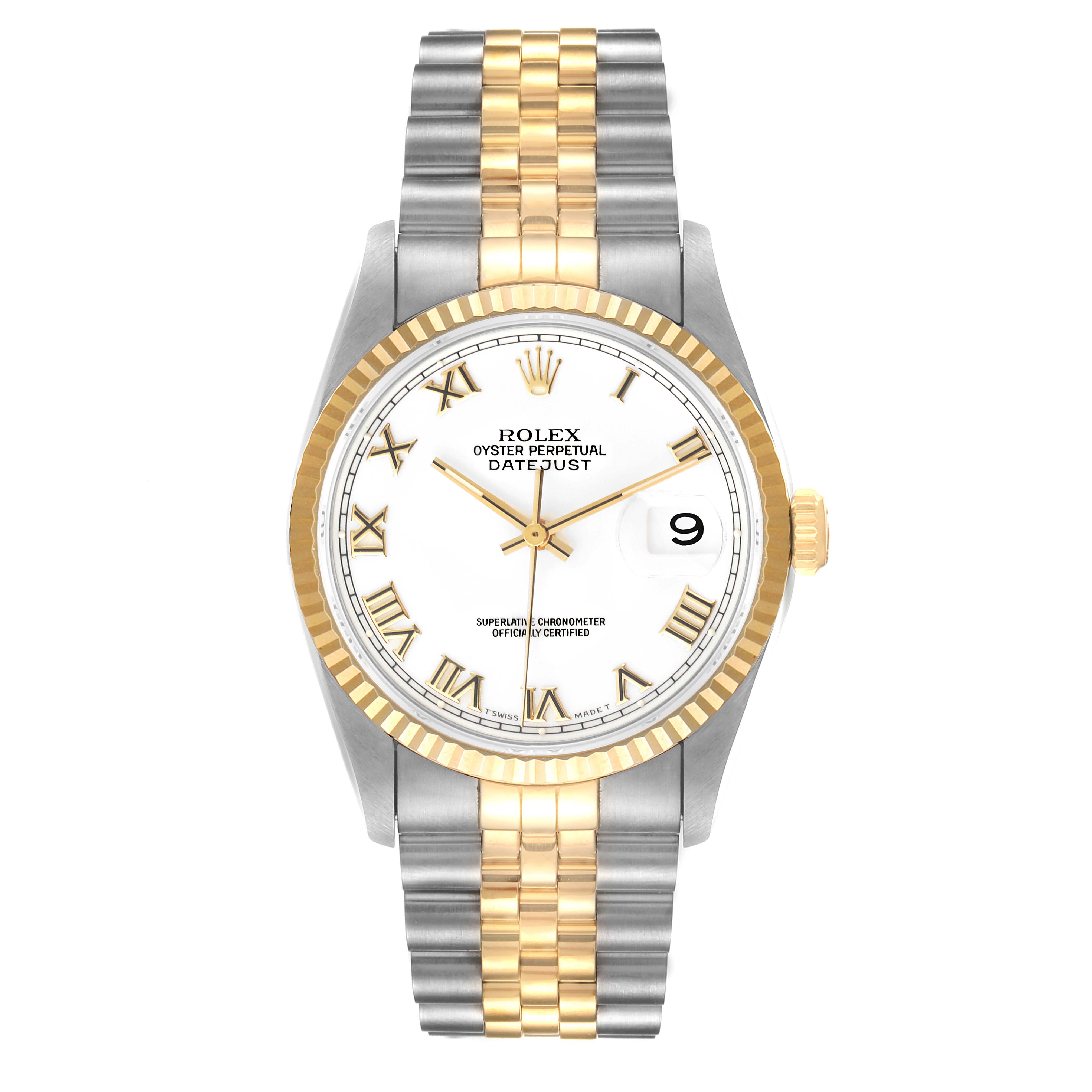 The image shows a front view of the Rolex Datejust 16233 Men's Steel and Gold (two tone) White Dial 16233 Men's Steel and Gold (two tone) White Dial watch, highlighting its dial, bezel, and two-tone bracelet.