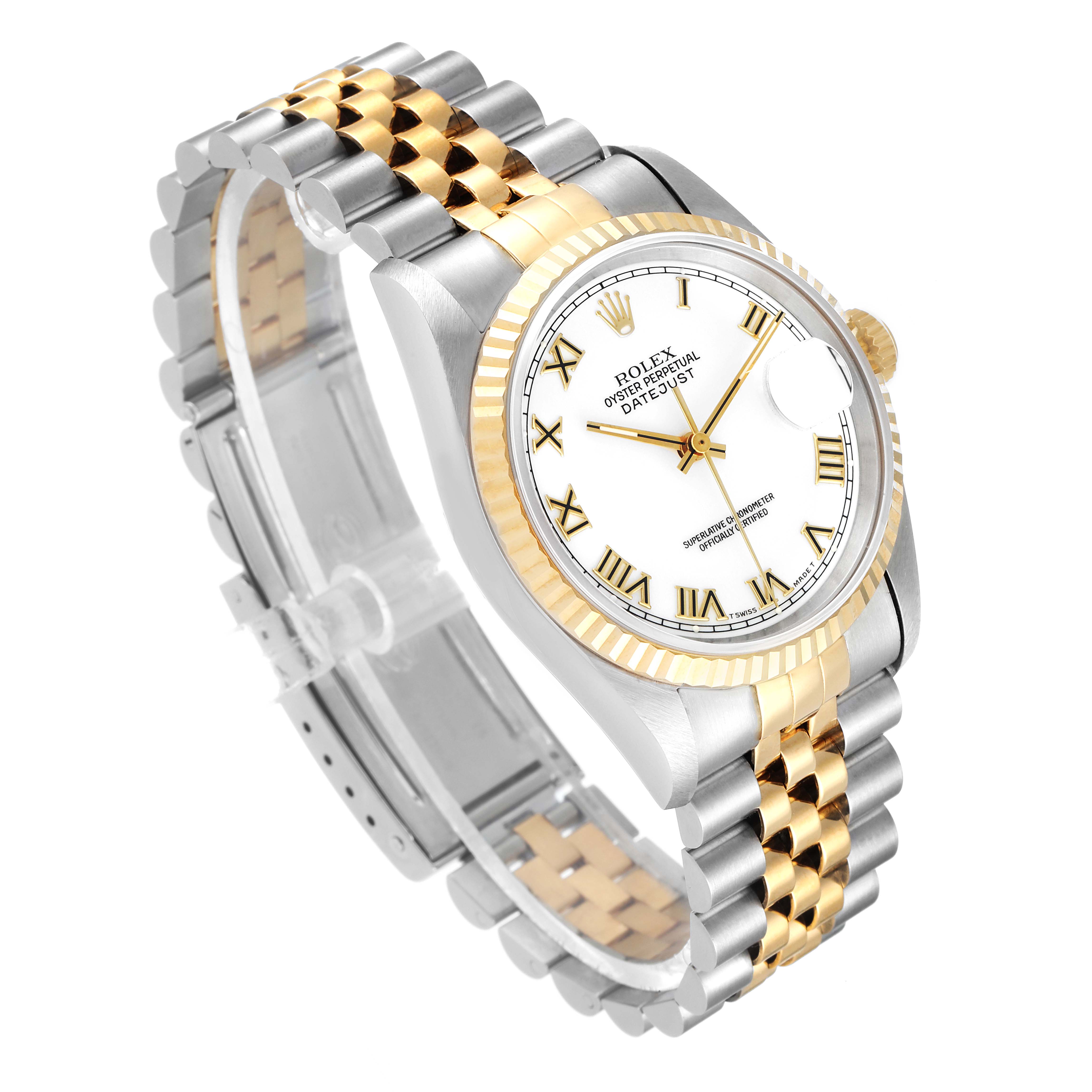 This image shows a Rolex Datejust 16233 Men's Steel and Gold (two tone) White Dial 16233 Men's Steel and Gold (two tone) White Dial watch angled to display its dial, fluted bezel, two-tone bracelet, and partially open clasp.
