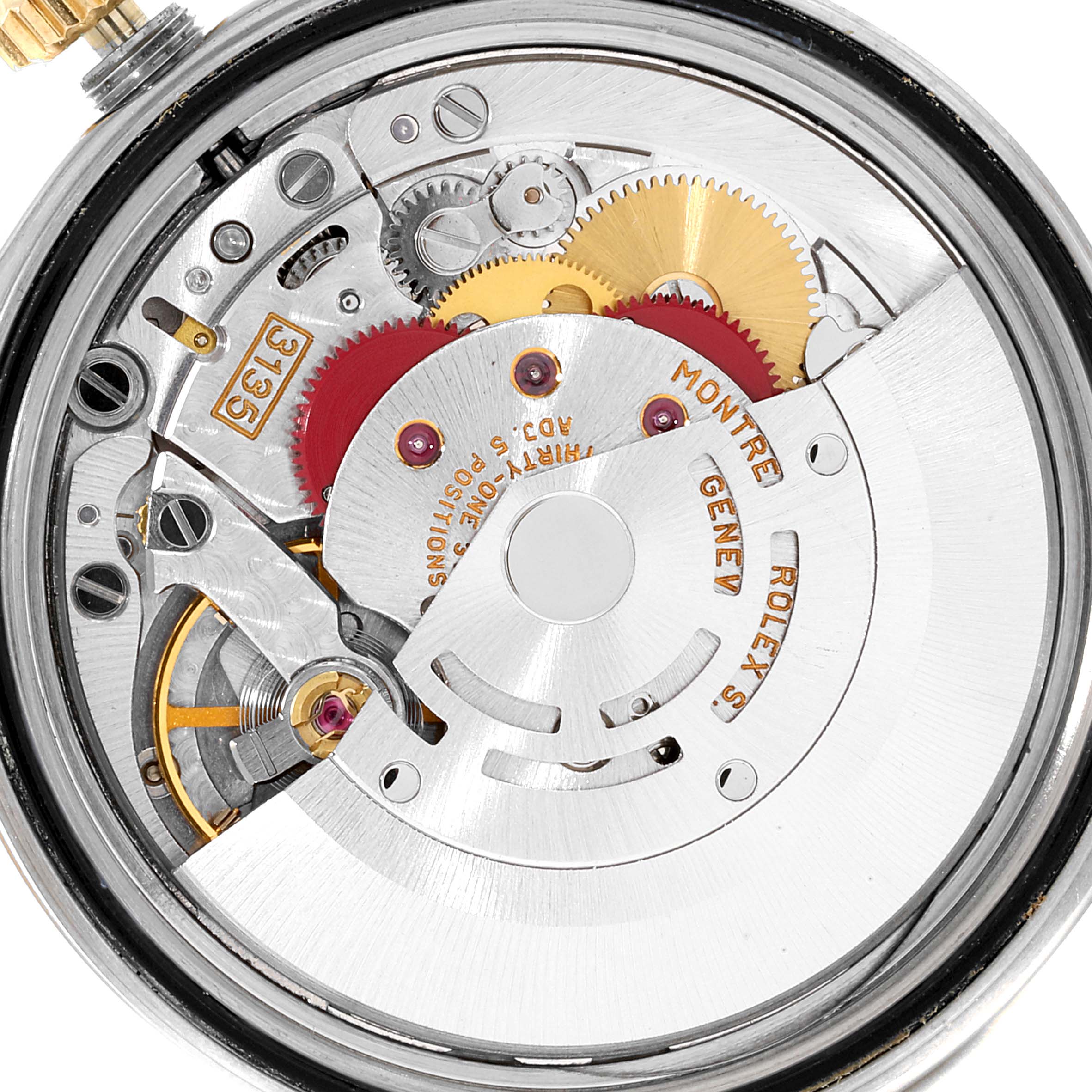 This close-up image shows the internal mechanical movement of a Rolex Datejust 16233 Men's Steel and Gold (two tone) White Dial 16233 Men's Steel and Gold (two tone) White Dial watch.