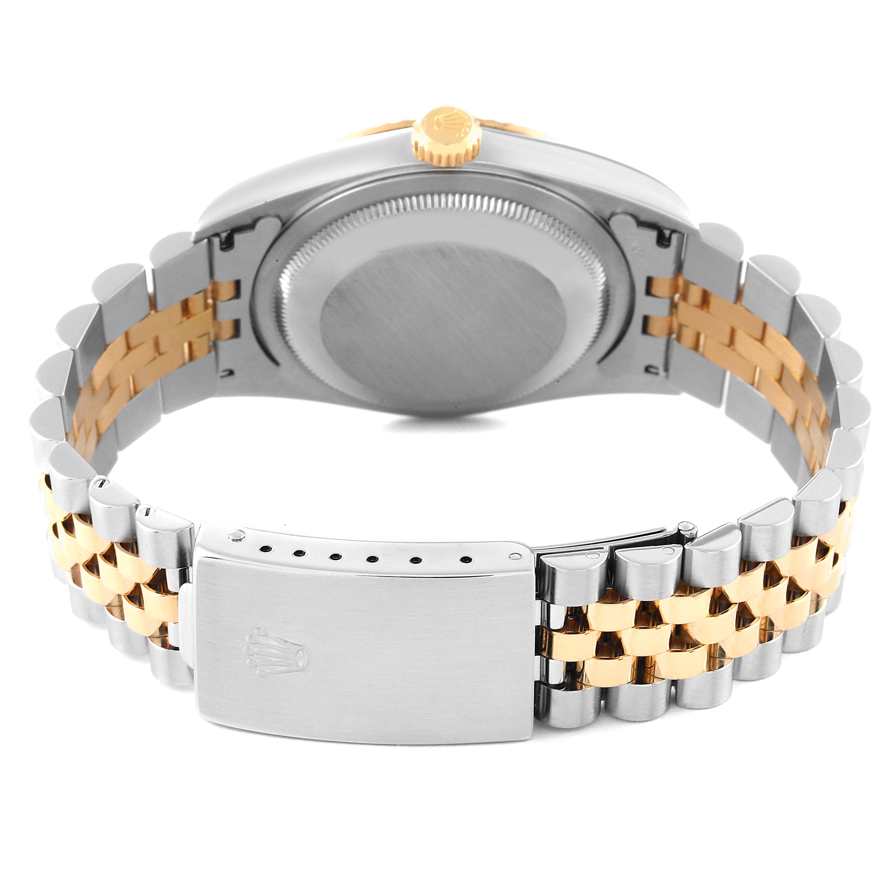 This image shows the back case, crown, and jubilee bracelet of a Rolex Datejust 16233 Men's Steel and Gold (two tone) White Dial 16233 Men's Steel and Gold (two tone) White Dial watch at a rear angle.