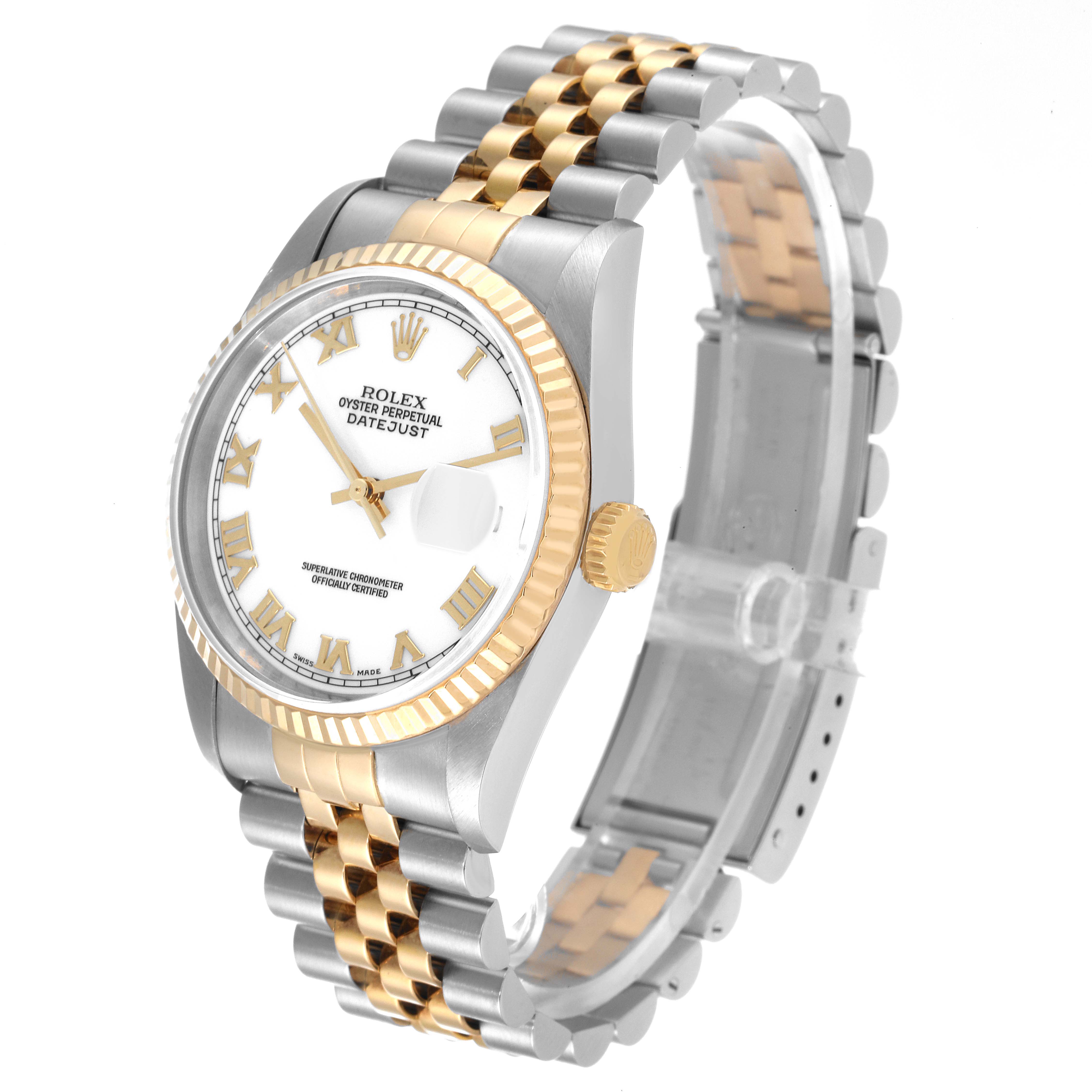 This Rolex Datejust 16233 Men's Steel and Gold (two tone) White Dial 16233 Men's Steel and Gold (two tone) White Dial watch is shown at a three-quarter angle, highlighting the face, case, bezel, and two-tone bracelet.
