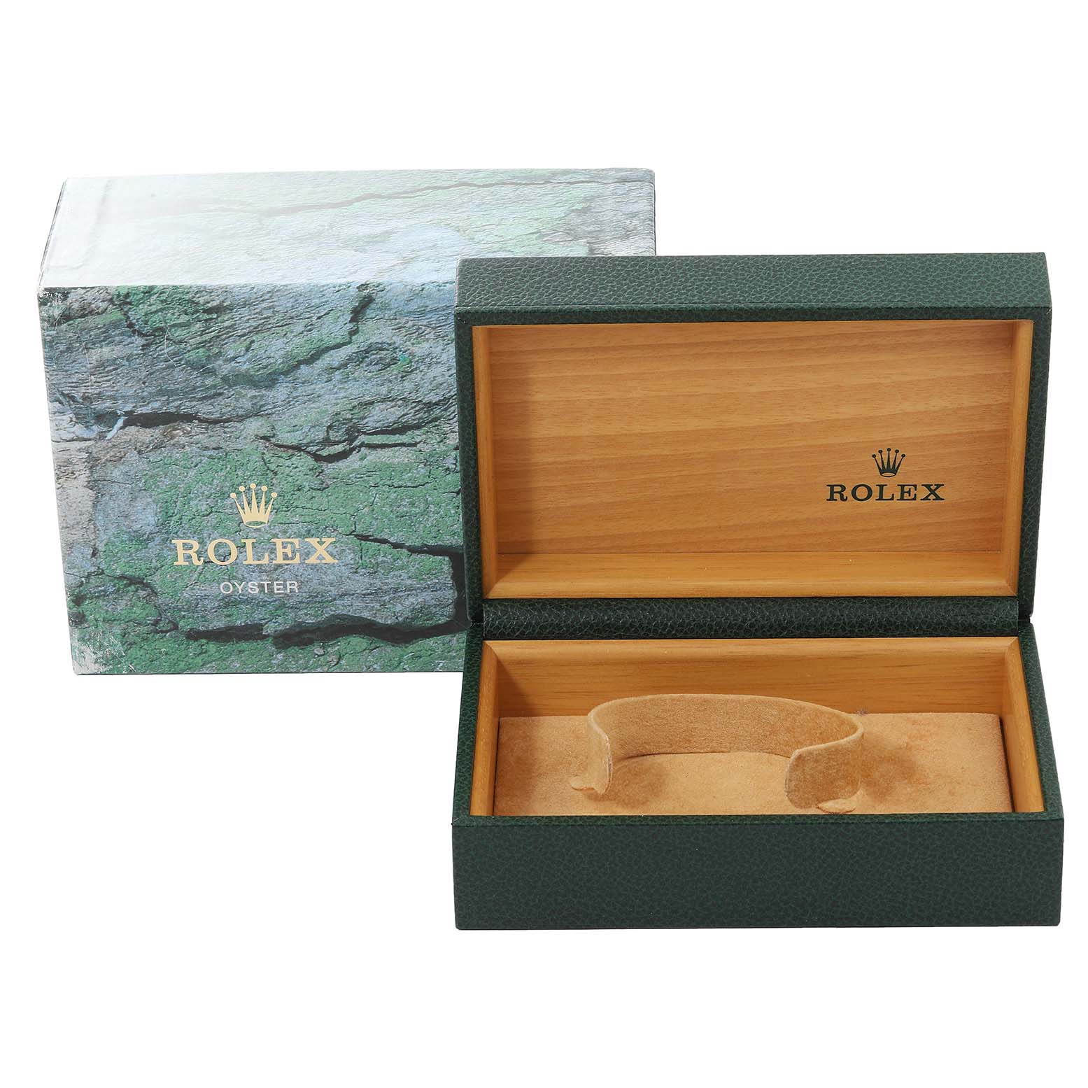 This image shows the open presentation box and outer box for a Rolex Datejust 16233 Men's Steel and Gold (two tone) White Dial 16233 Men's Steel and Gold (two tone) White Dial watch.