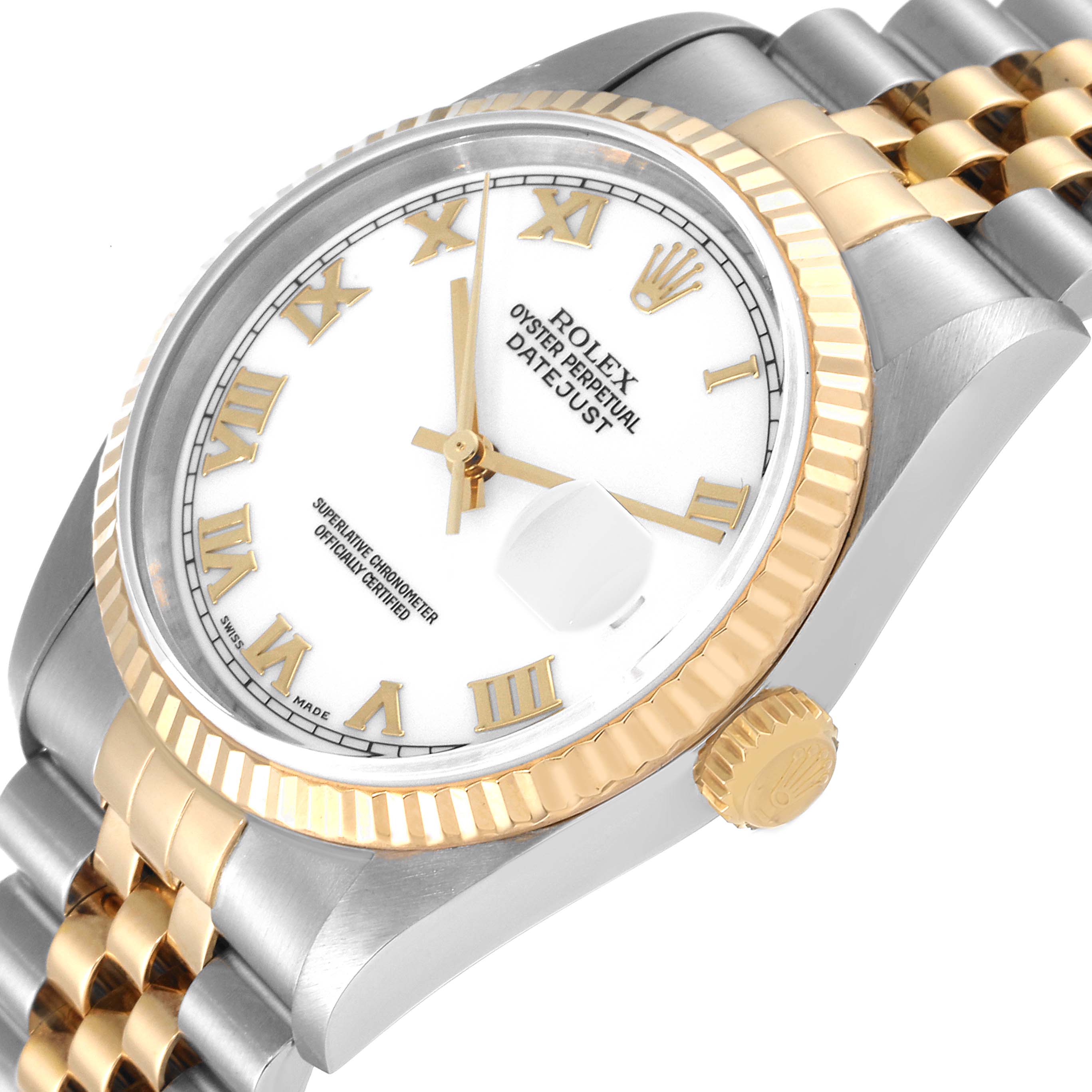 This image shows a close-up of the Rolex Datejust 16233 Men's Steel and Gold (two tone) White Dial 16233 Men's Steel and Gold (two tone) White Dial watch, highlighting the dial, bezel, crown, and part of the bracelet.