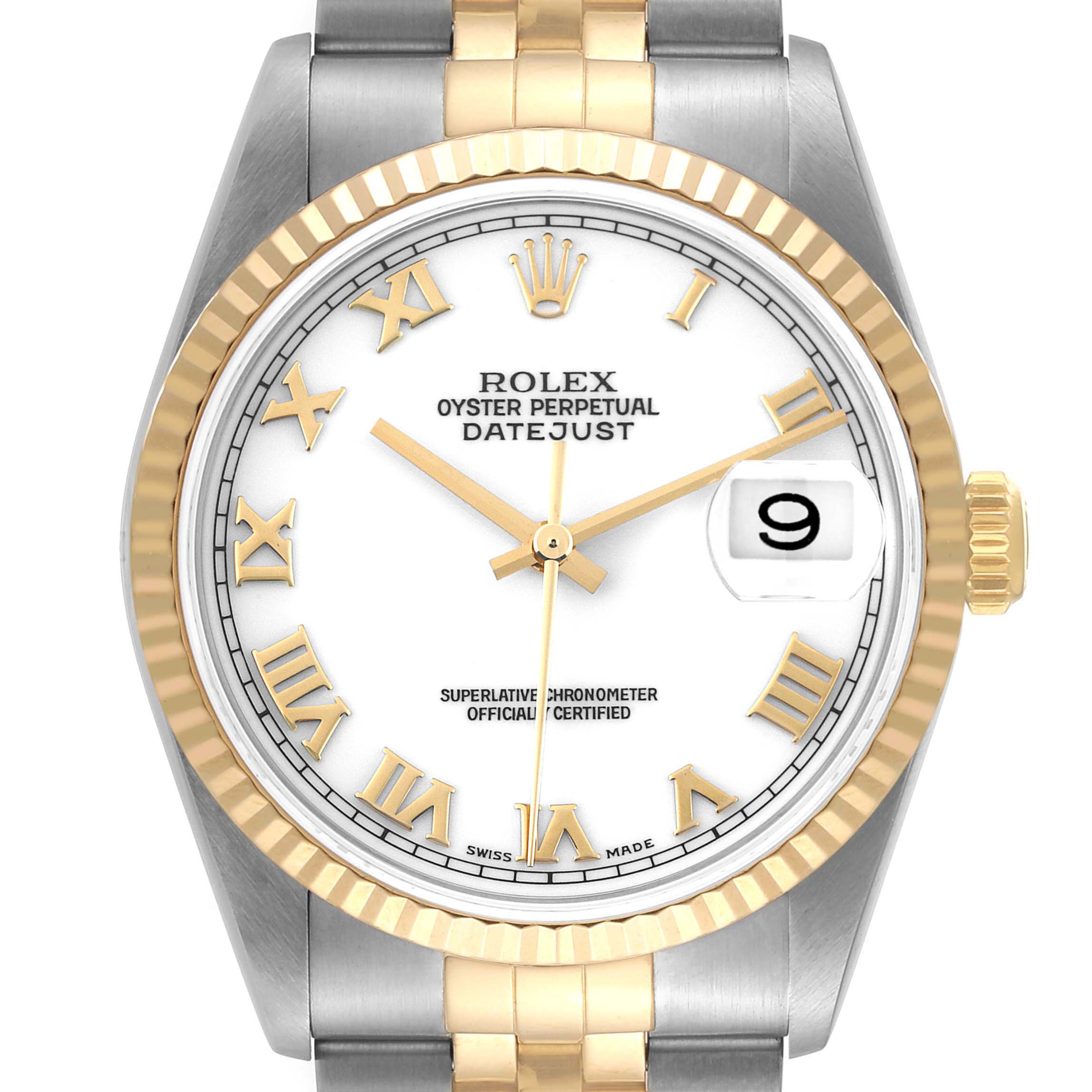 This image shows a full frontal view of a Rolex Datejust 16233 Men's Steel and Gold (two tone) White Dial 16233 Men's Steel and Gold (two tone) White Dial watch, highlighting its dial, hands, bezel, and part of the bracelet.