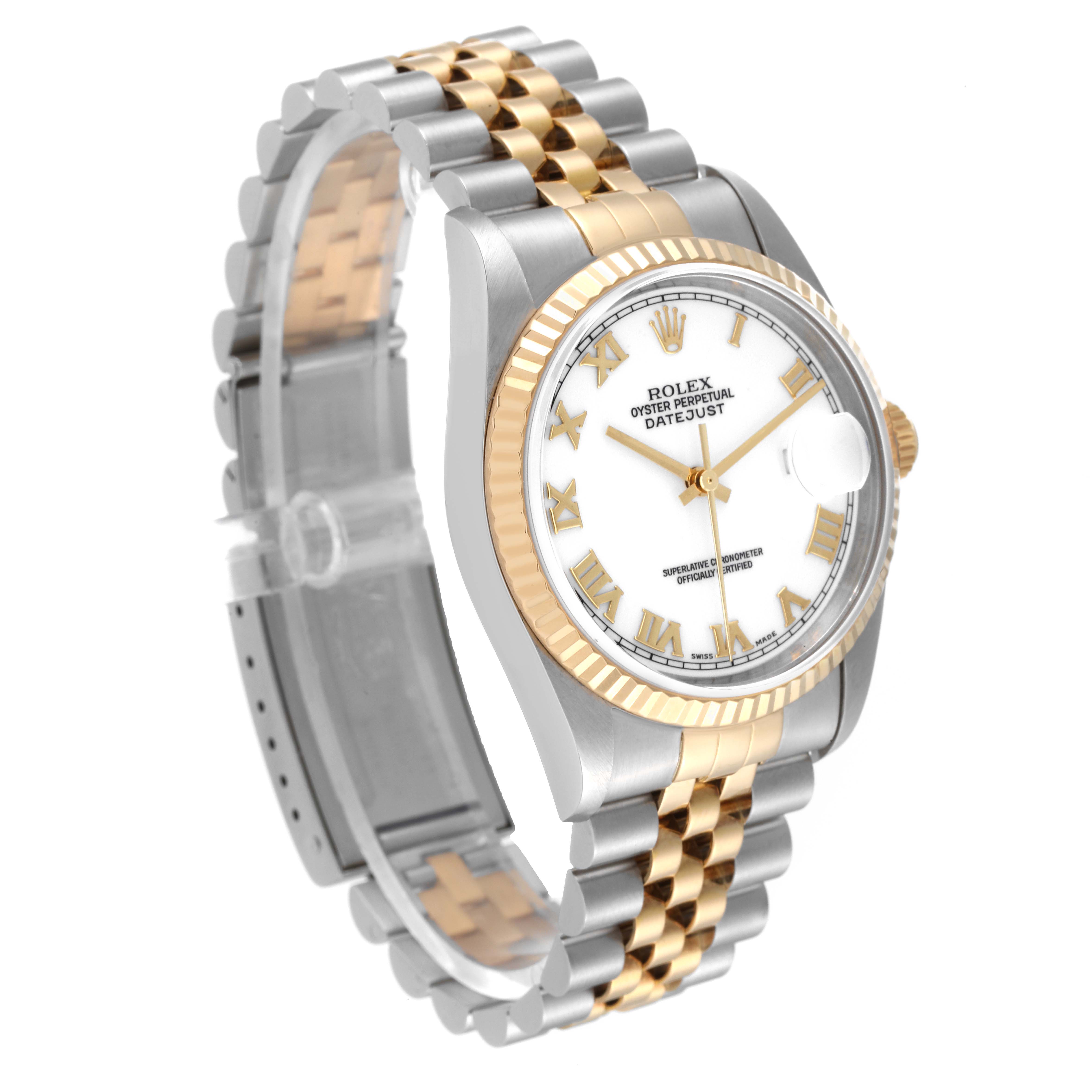The image shows a angled view of a Rolex Datejust 16233 Men's Steel and Gold (two tone) White Dial 16233 Men's Steel and Gold (two tone) White Dial watch featuring its bezel, dial, and jubilee bracelet.