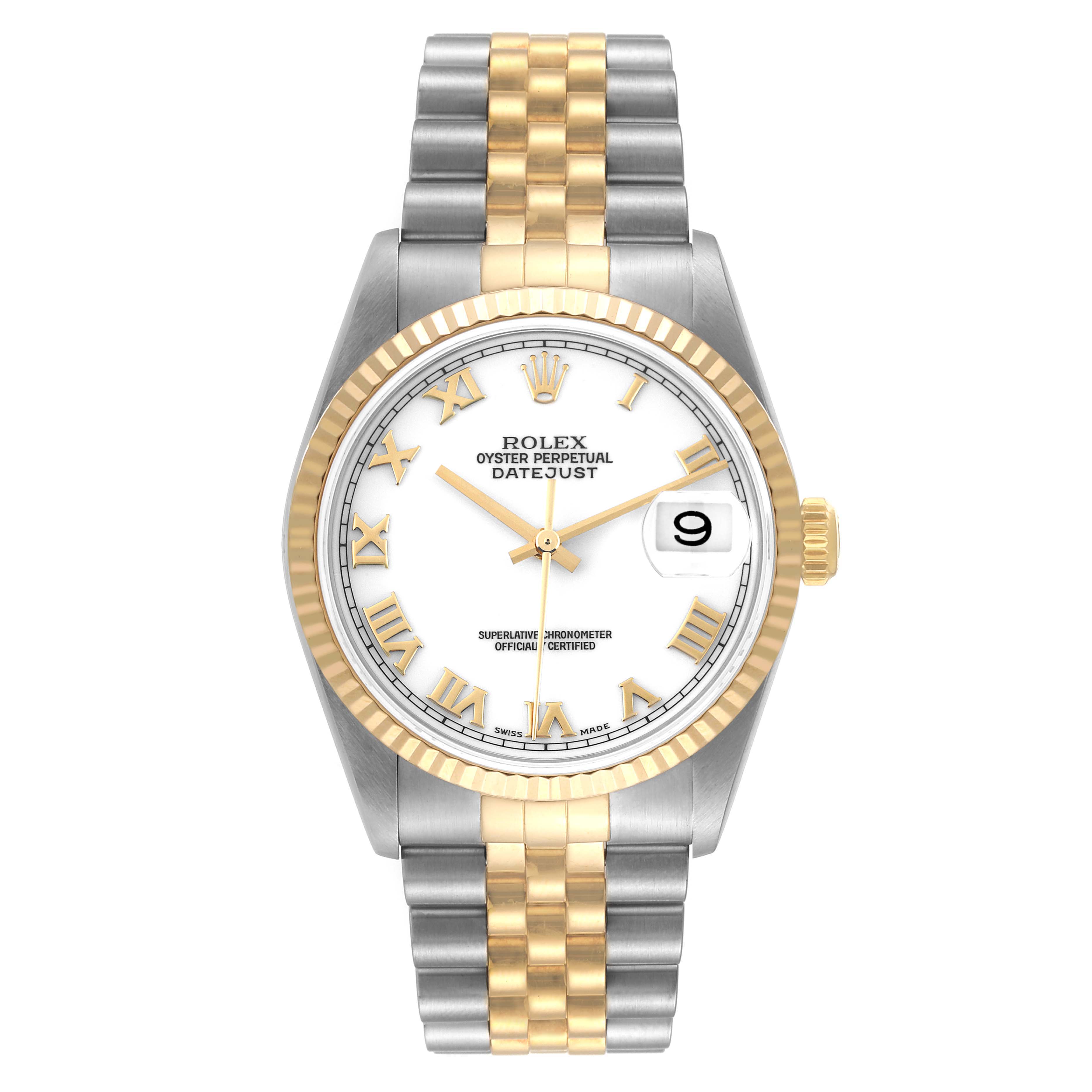 The Rolex Datejust 16233 Men's Steel and Gold (two tone) White Dial 16233 Men's Steel and Gold (two tone) White Dial watch is shown from a front angle, highlighting the dial, bezel, and bracelet.