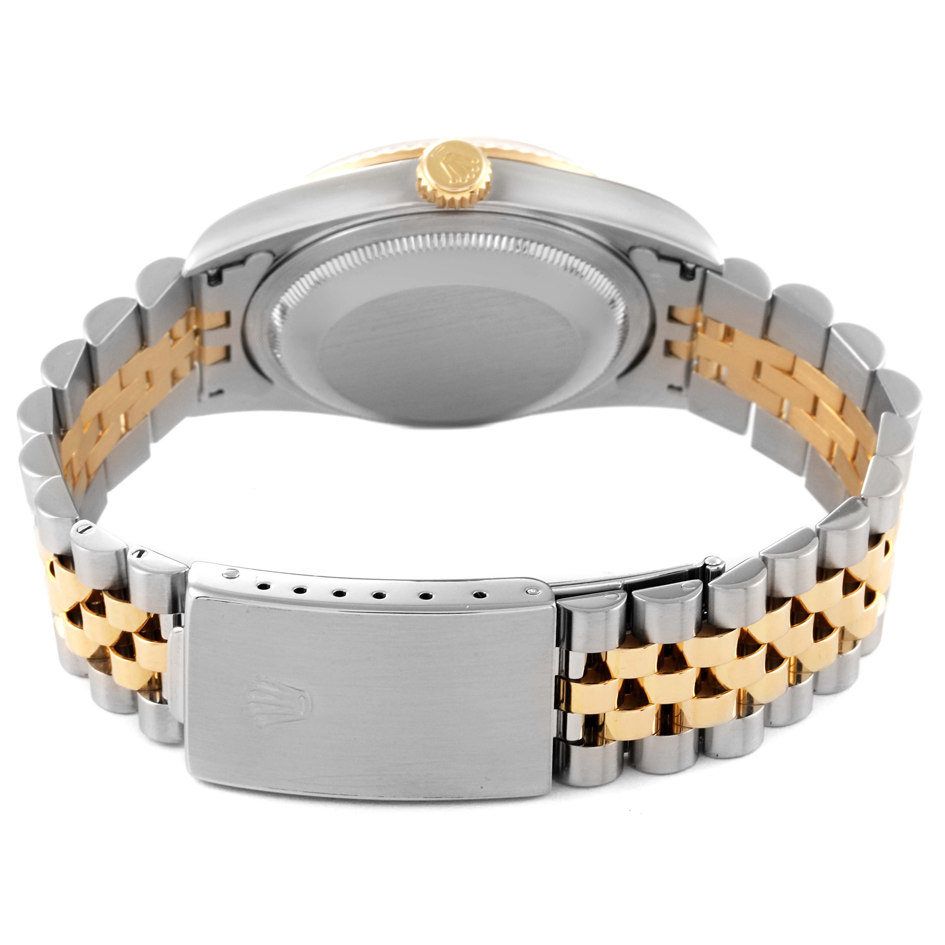 This image shows the back of a Rolex Datejust 16233 Men's Steel and Gold (two tone) Silver Dial 16233 Men's Steel and Gold (two tone) Silver Dial watch, highlighting the case back, crown, and bi-color Jubilee bracelet.