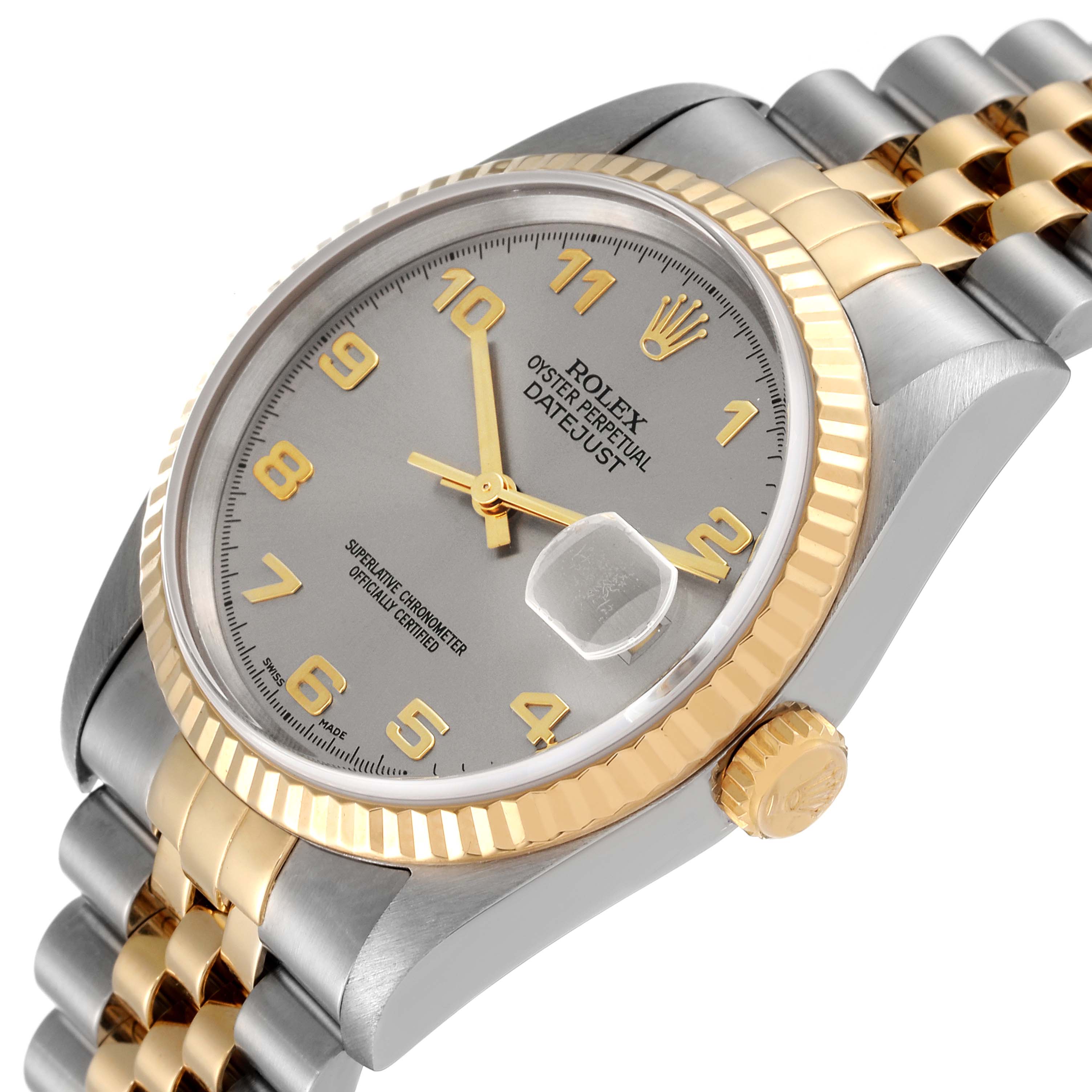 This image shows a Rolex Datejust 16233 Men's Steel and Gold (two tone) Silver Dial 16233 Men's Steel and Gold (two tone) Silver Dial watch at a slight angle, displaying its face, fluted bezel, crown, and two-tone bracelet.