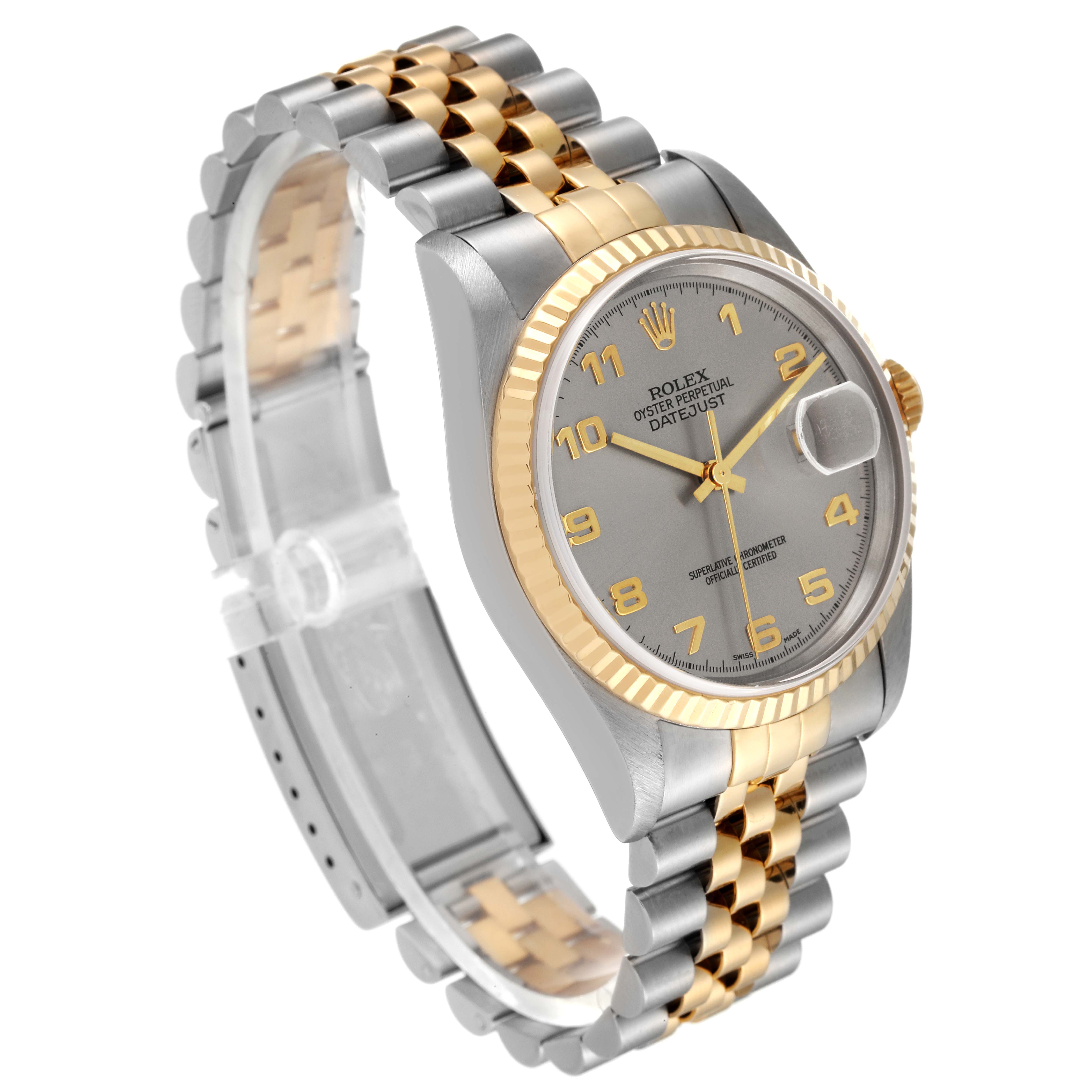 The image shows a Rolex Datejust 16233 Men's Steel and Gold (two tone) Silver Dial 16233 Men's Steel and Gold (two tone) Silver Dial watch at an angle, featuring its two-tone bracelet, bezel, dial, and cyclops lens.
