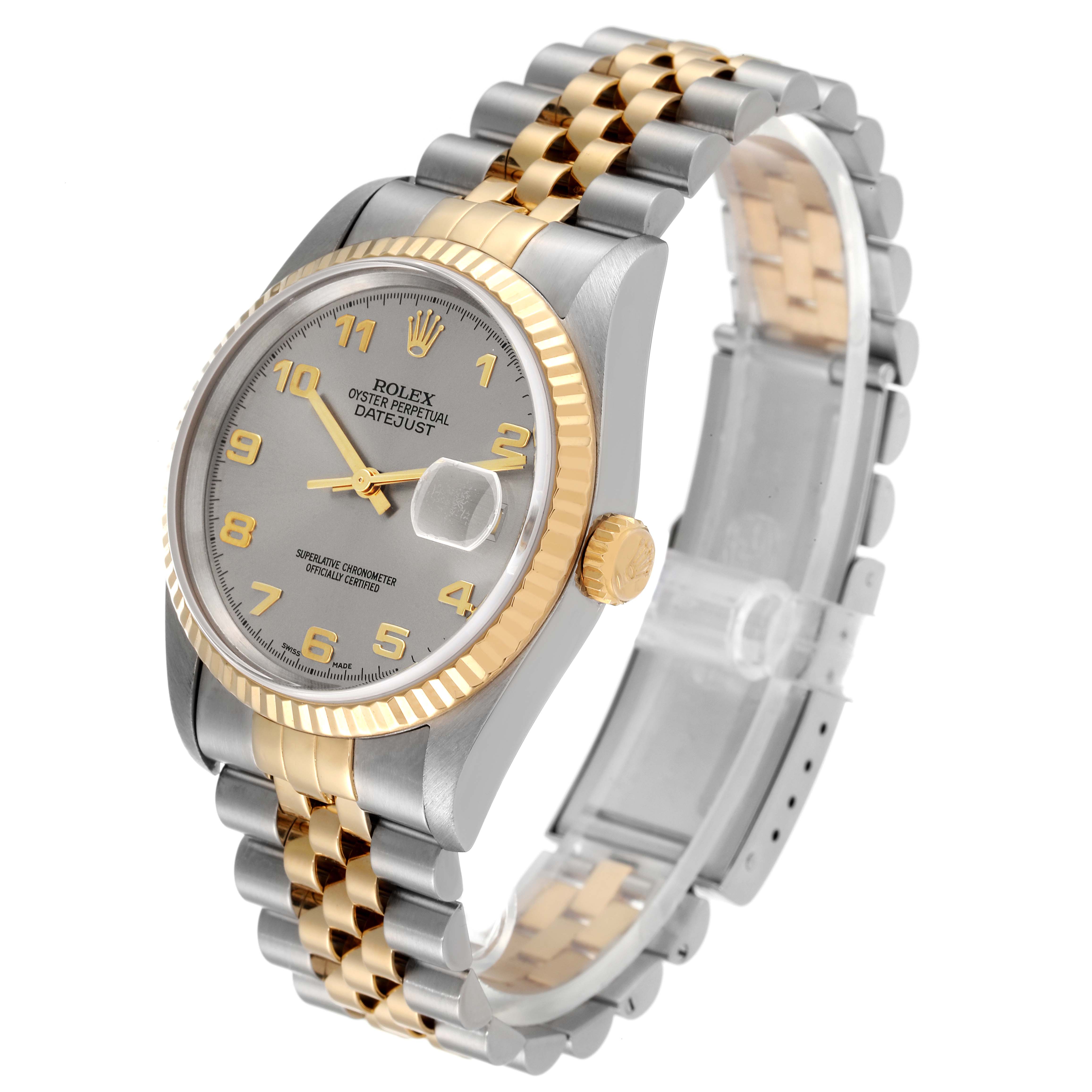The Rolex Datejust 16233 Men's Steel and Gold (two tone) Silver Dial 16233 Men's Steel and Gold (two tone) Silver Dial watch is shown at a slight angle, highlighting its two-tone bracelet, dial, bezel, and crown.