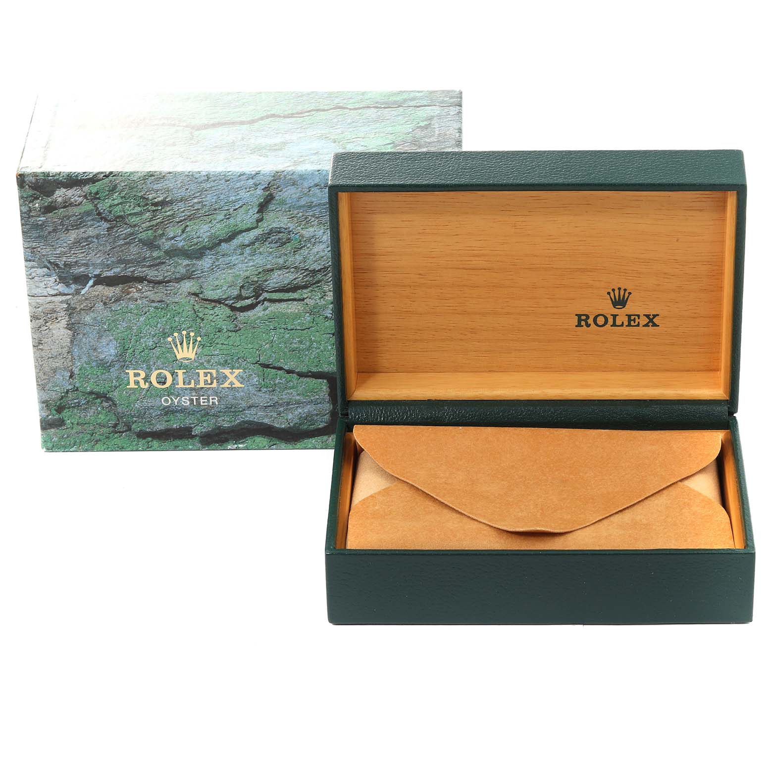 This image shows the open and closed packaging boxes for a Rolex Datejust 16233 Men's Steel and Gold (two tone) Silver Dial 16233 Men's Steel and Gold (two tone) Silver Dial watch from a front angle.