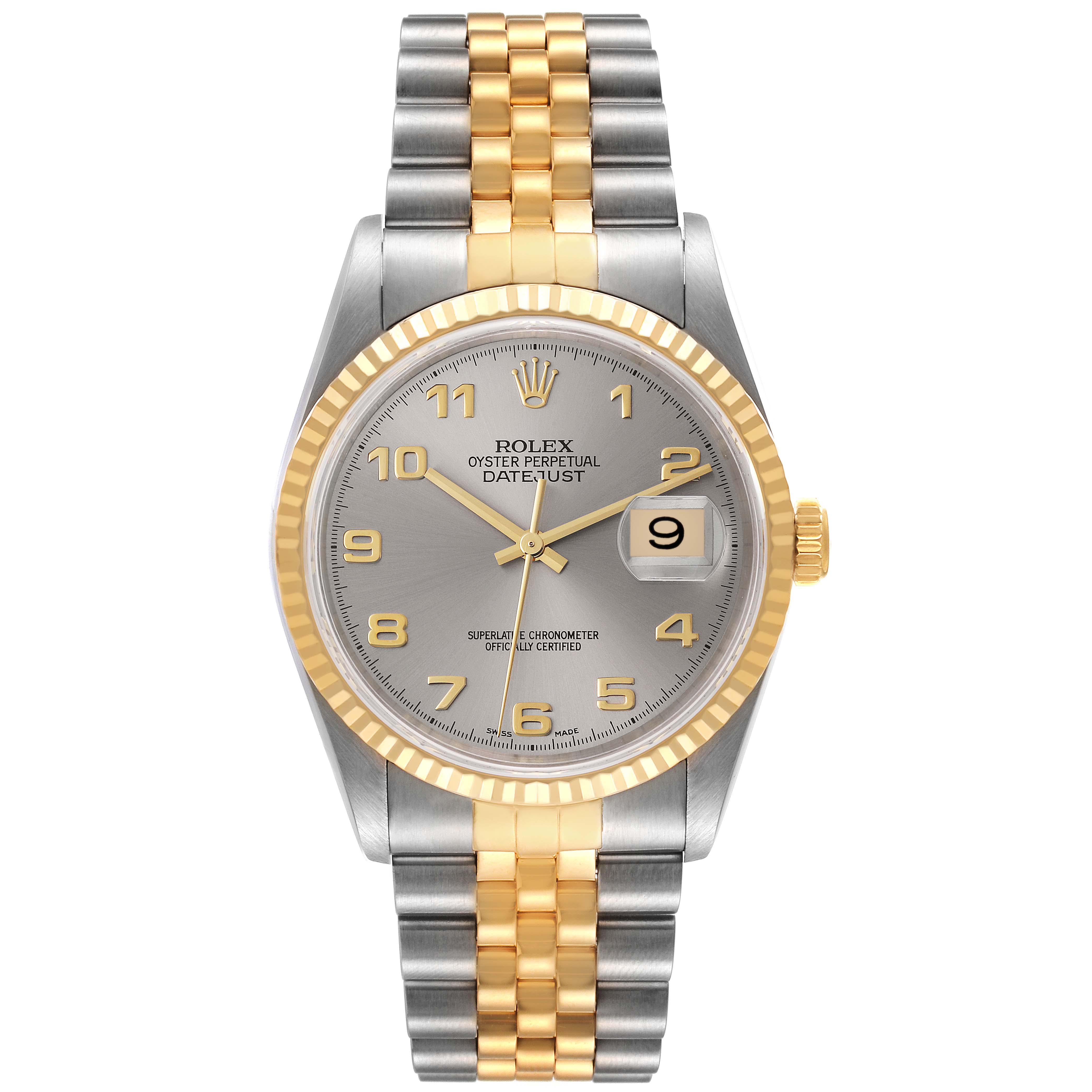 The Rolex Datejust 16233 Men's Steel and Gold (two tone) Silver Dial 16233 Men's Steel and Gold (two tone) Silver Dial watch is shown from a top-down angle, highlighting the bezel, dial, hands, and Jubilee bracelet.