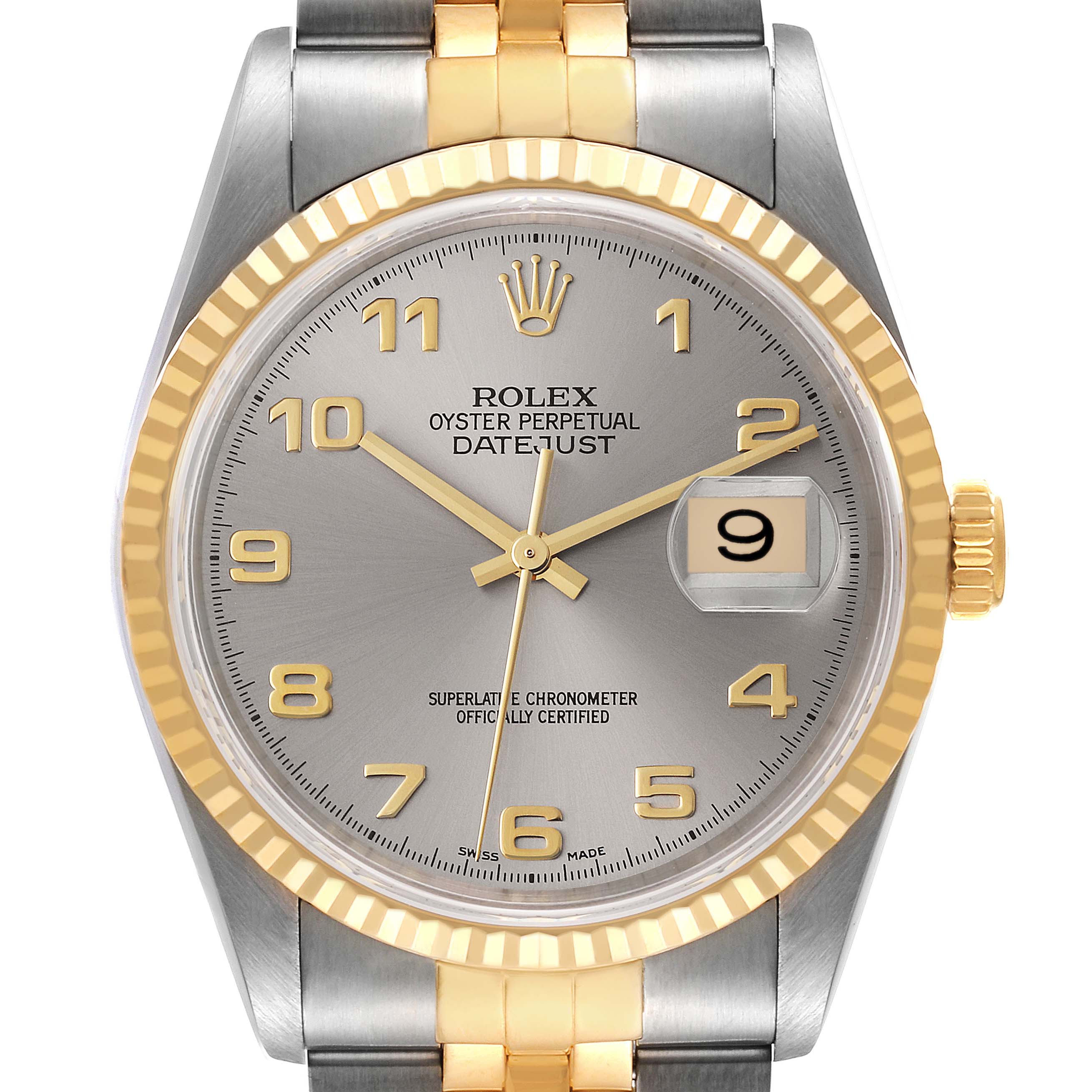 The image shows a front view of the Rolex Datejust 16233 Men's Steel and Gold (two tone) Silver Dial 16233 Men's Steel and Gold (two tone) Silver Dial watch, highlighting its face, bracelet, and fluted bezel.