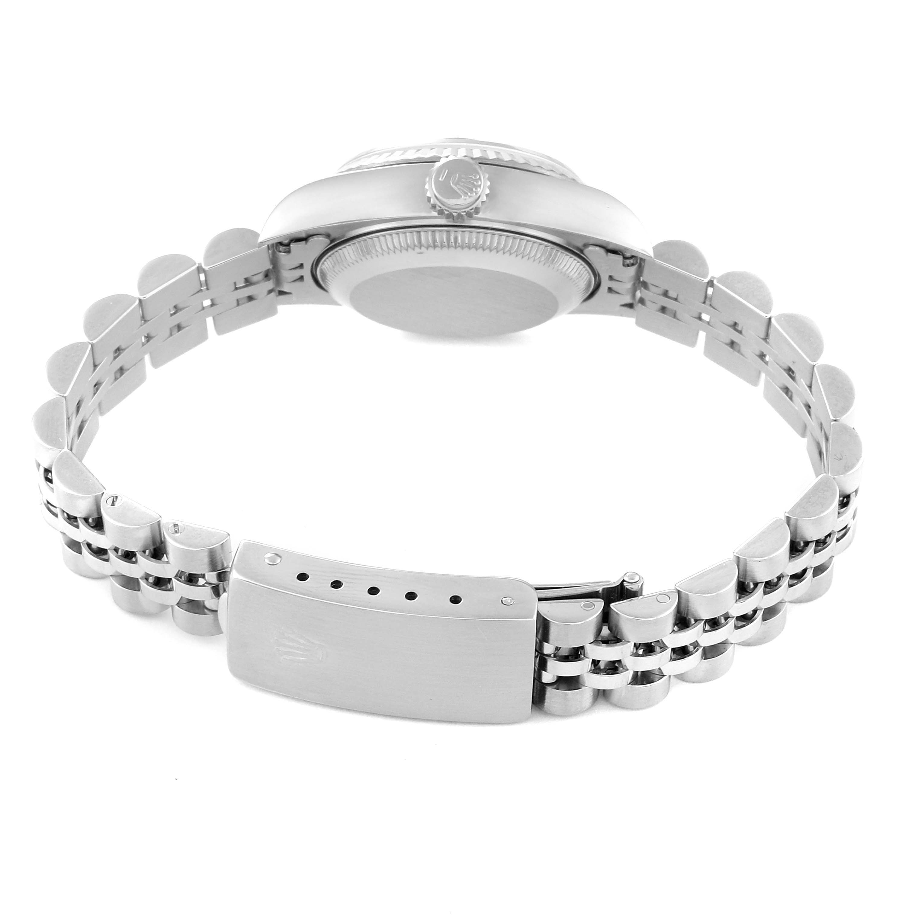 This image shows the back view of a Rolex Datejust 69174 Women's Stainless Steel Blue Dial 69174 Women's Stainless Steel Blue Dial watch, featuring the clasp, bracelet, and case back.