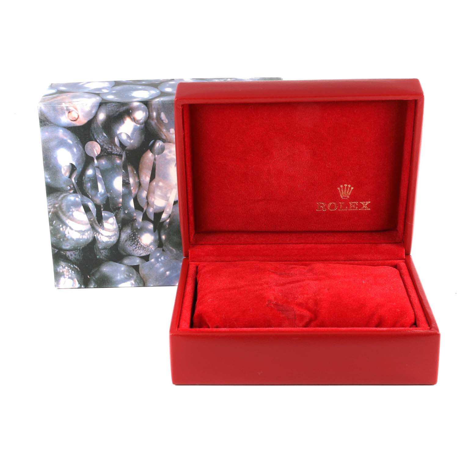 The image shows an open Rolex Datejust 69174 Women's Stainless Steel Blue Dial 69174 Women's Stainless Steel Blue Dial watch box with red interior and an outer patterned packaging.