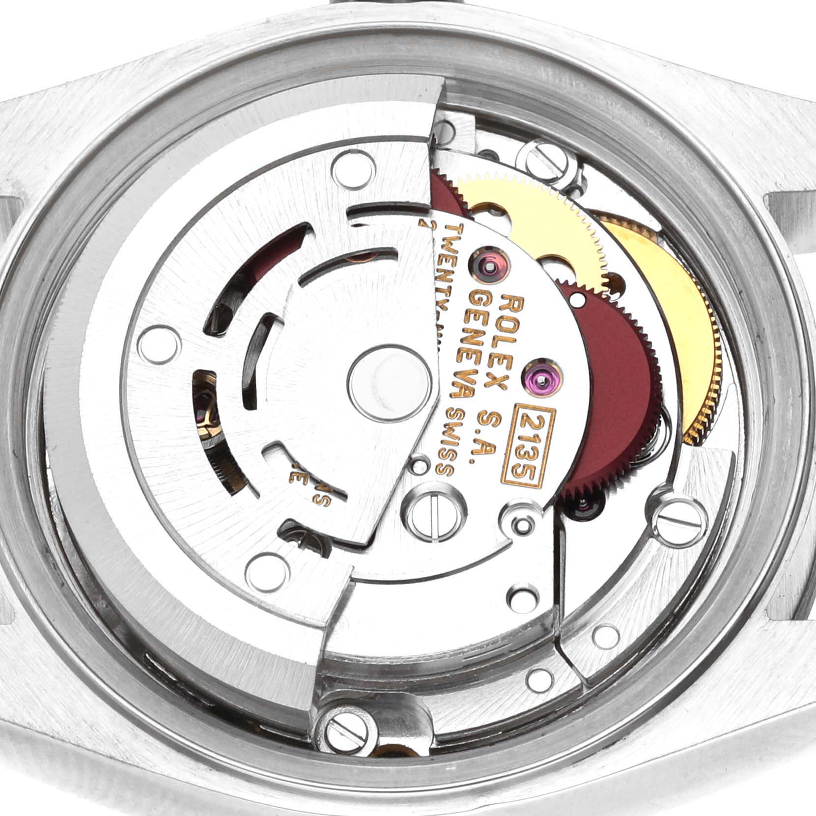 The image shows the internal mechanism and movement of a Rolex Datejust 69174 Women's Stainless Steel Blue Dial 69174 Women's Stainless Steel Blue Dial watch from a rear angle.