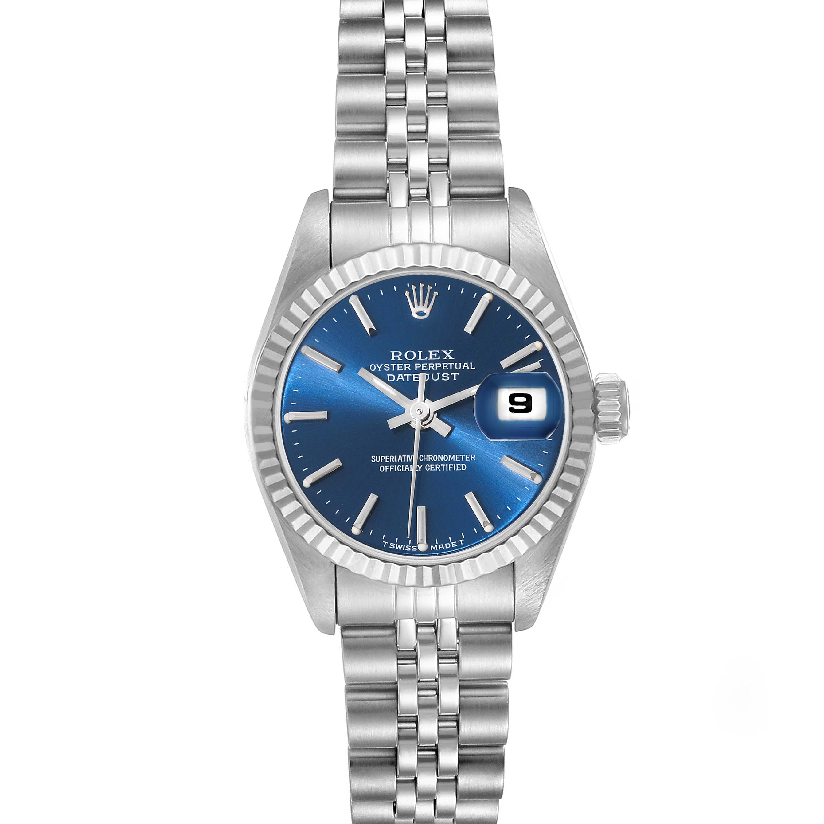 The image shows a frontal view of a Rolex Datejust 69174 Women's Stainless Steel Blue Dial 69174 Women's Stainless Steel Blue Dial watch, highlighting the blue dial, date window, bezel, and bracelet.