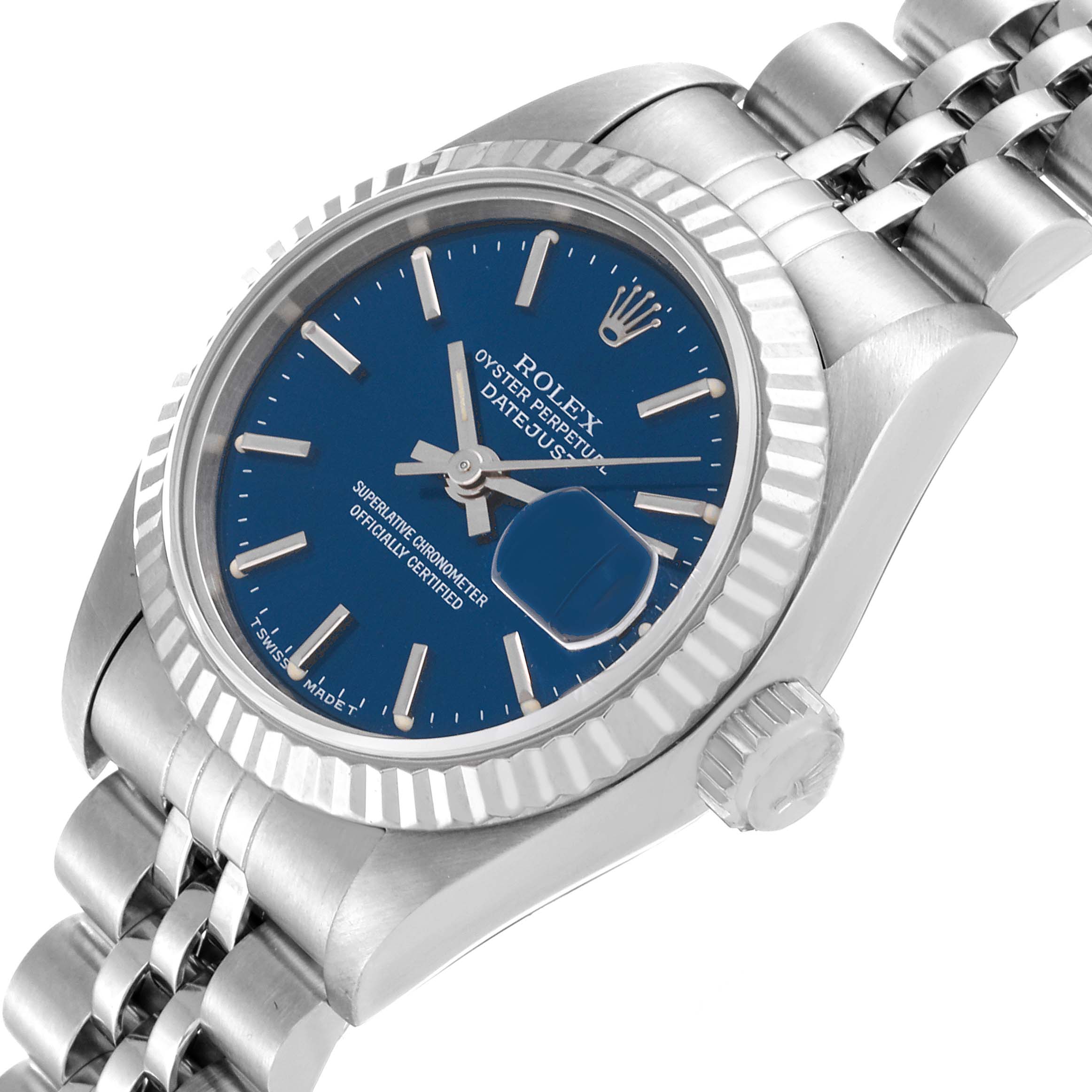 This image shows a Rolex Datejust 69174 Women's Stainless Steel Blue Dial 69174 Women's Stainless Steel Blue Dial watch angled to display its dial, bezel, crown, and a portion of the bracelet.