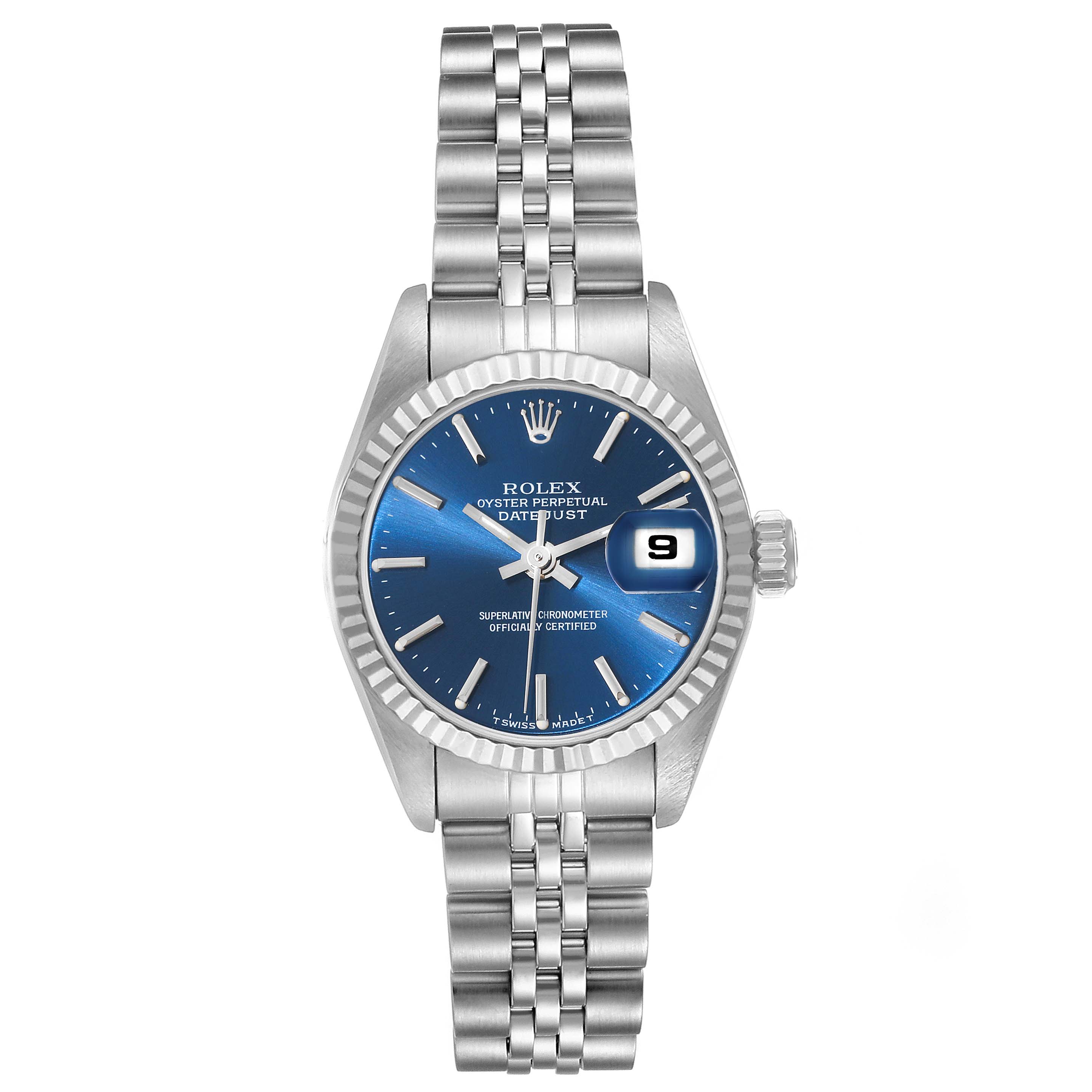 The image shows a frontal view of a Rolex Datejust 69174 Women's Stainless Steel Blue Dial 69174 Women's Stainless Steel Blue Dial watch, displaying the dial, bezel, bracelet, and crown.