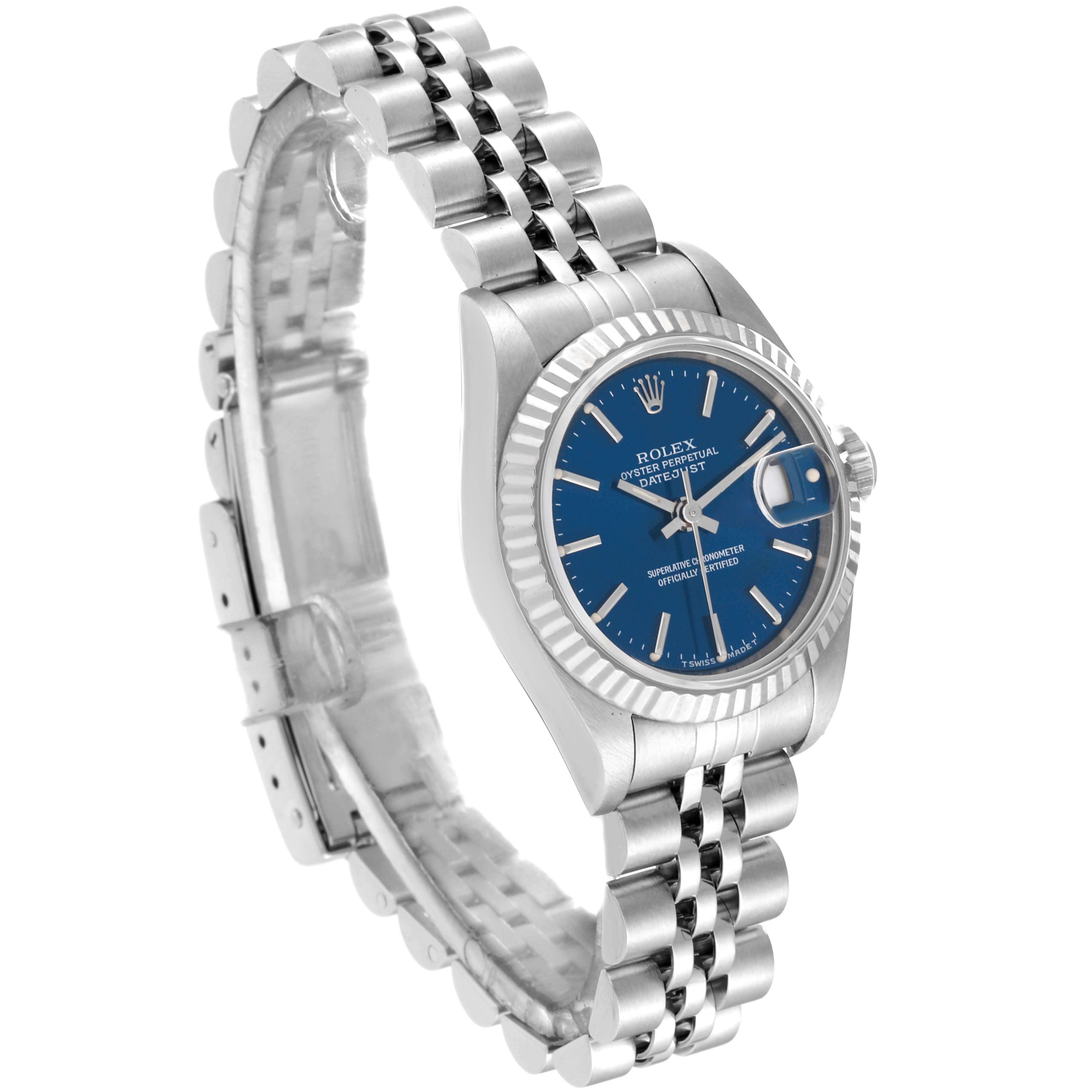 This image shows a side angle of a Rolex Datejust 69174 Women's Stainless Steel Blue Dial 69174 Women's Stainless Steel Blue Dial watch, featuring its blue dial, fluted bezel, and jubilee bracelet.