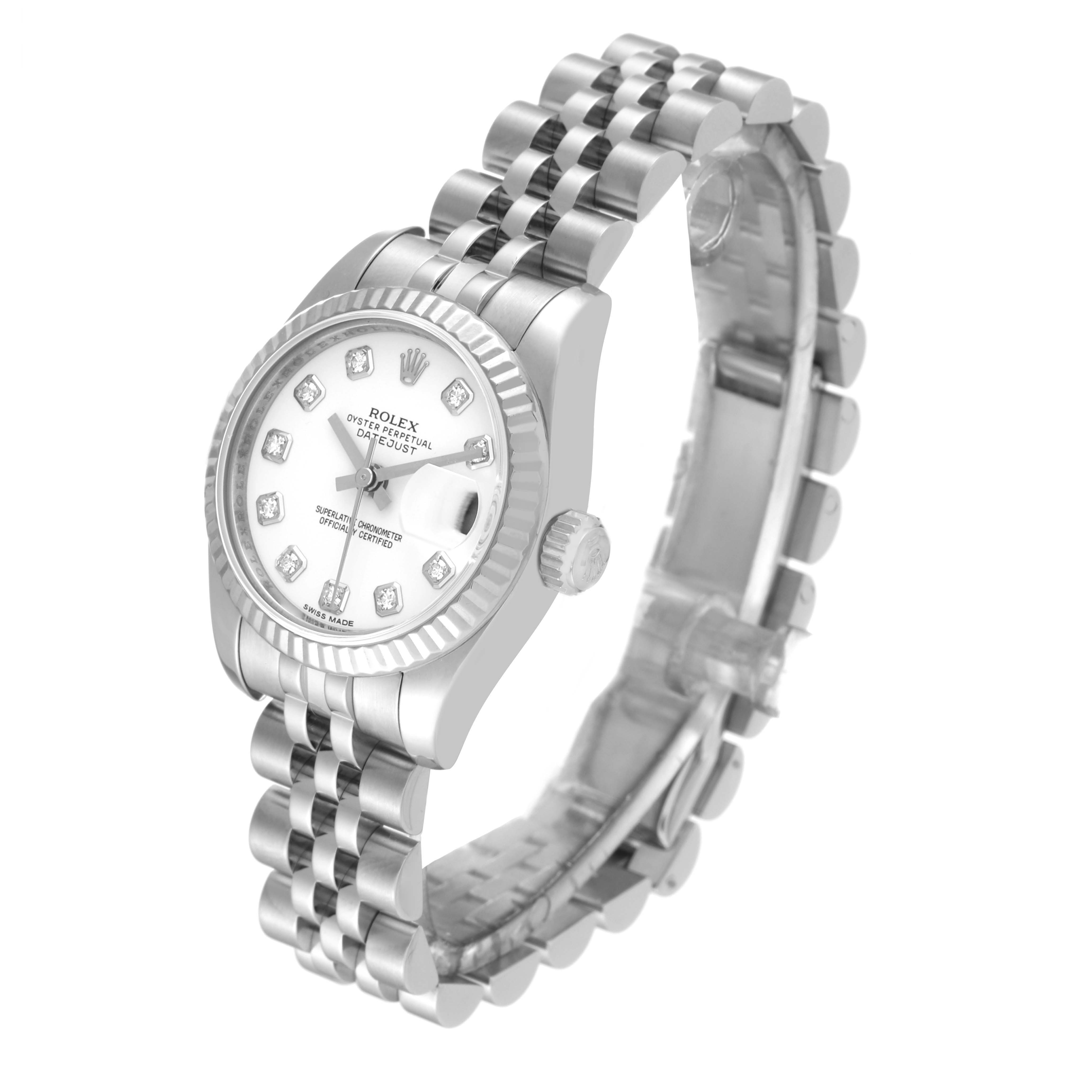 The Rolex Datejust 179174 Women's Stainless Steel White Dial 179174 Women's Stainless Steel White Dial watch is pictured at a slight angle, showcasing the dial, stainless steel jubilee bracelet, and fluted bezel.