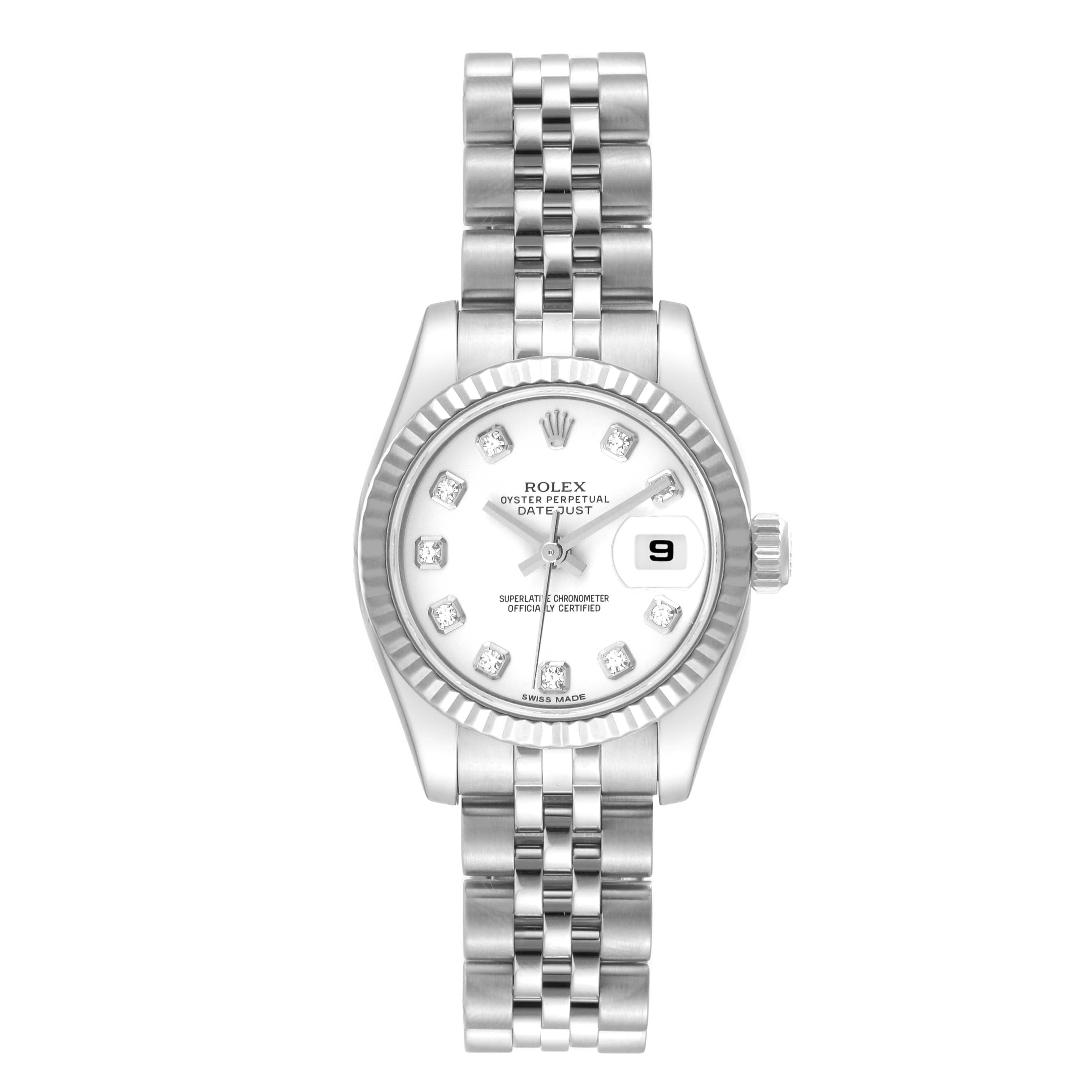 The image shows a frontal view of the Rolex Datejust 179174 Women's Stainless Steel White Dial 179174 Women's Stainless Steel White Dial watch, displaying the dial, bezel, crown, and bracelet.
