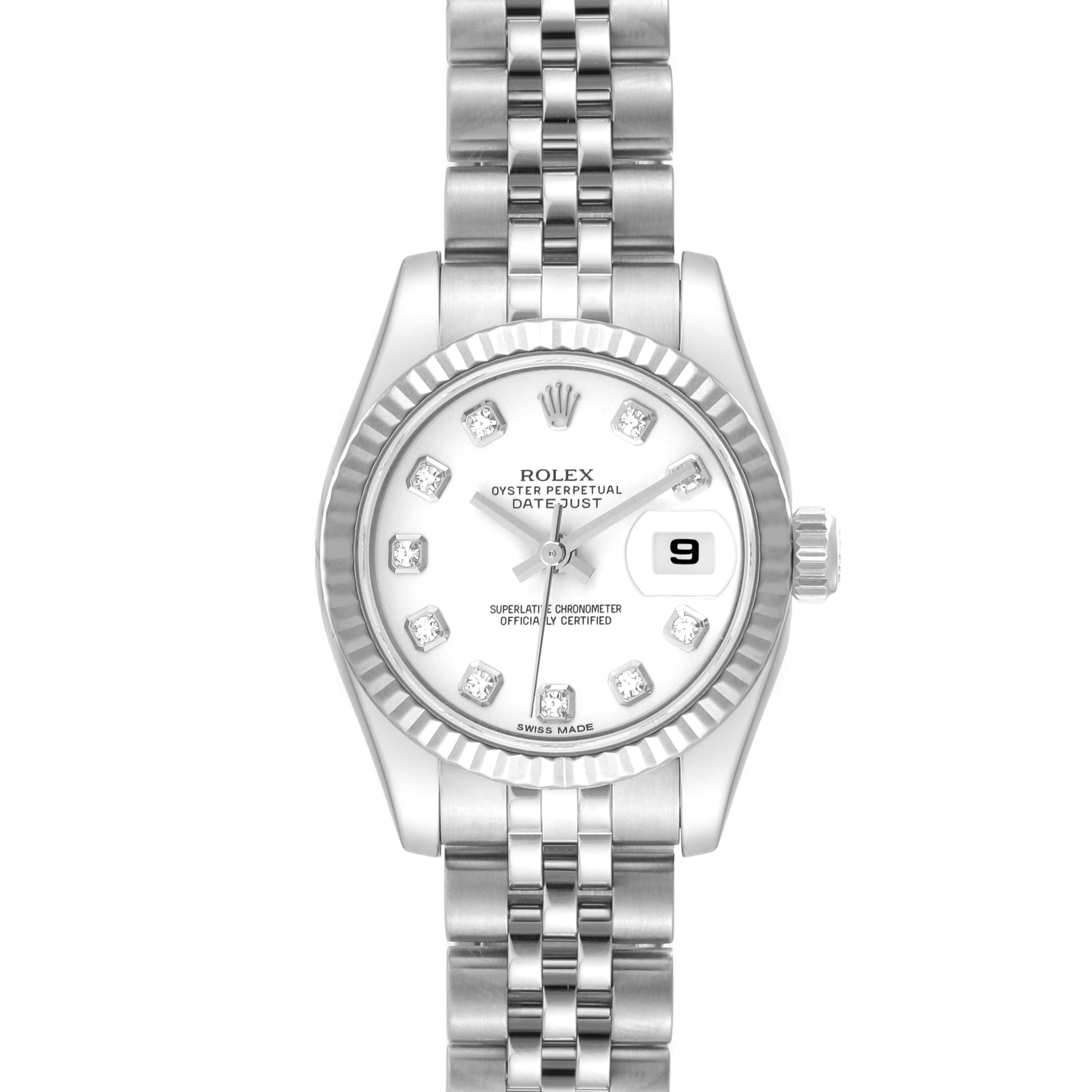 This is a top-down view of a Rolex Datejust 179174 Women's Stainless Steel White Dial 179174 Women's Stainless Steel White Dial watch, showing the face, bezel, crown, and bracelet.
