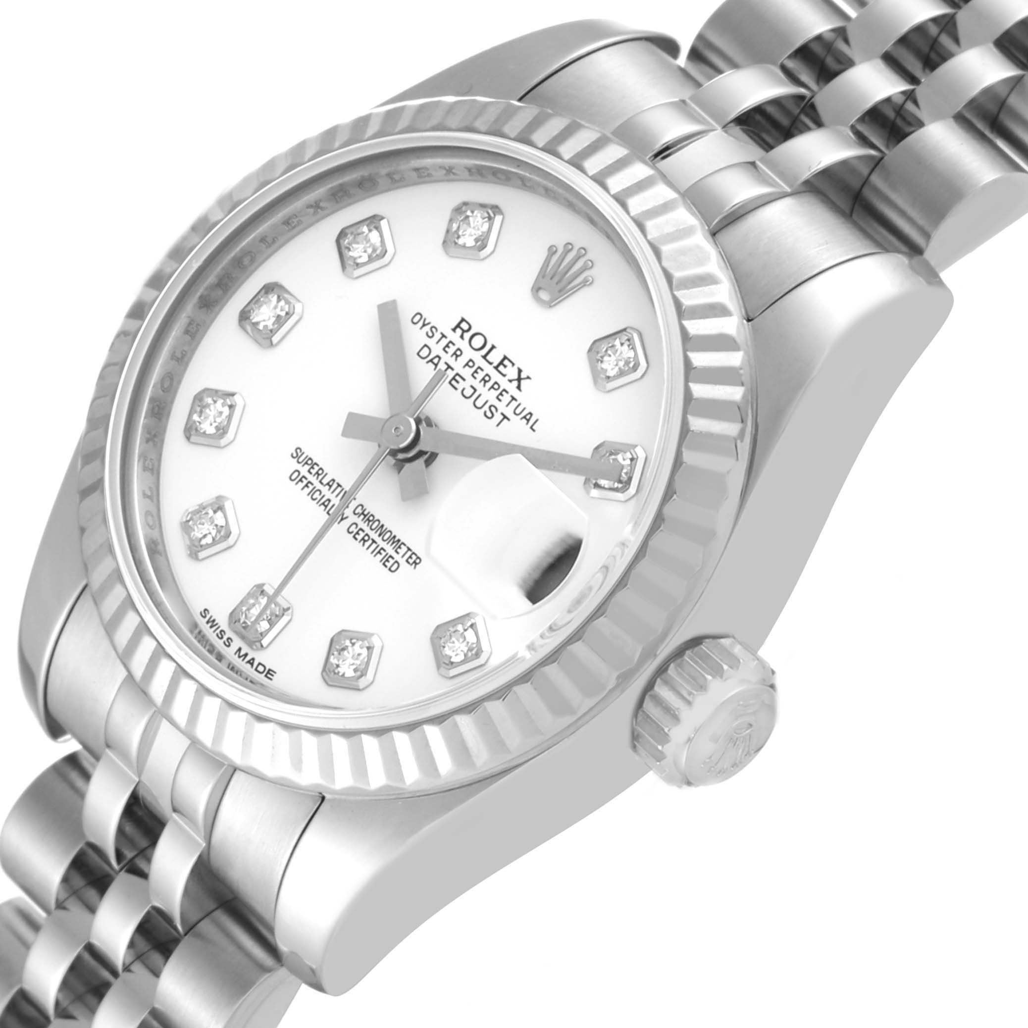The image shows a close-up of the Rolex Datejust 179174 Women's Stainless Steel White Dial 179174 Women's Stainless Steel White Dial watch angled from the front right, focusing on the dial, bezel, and bracelet.