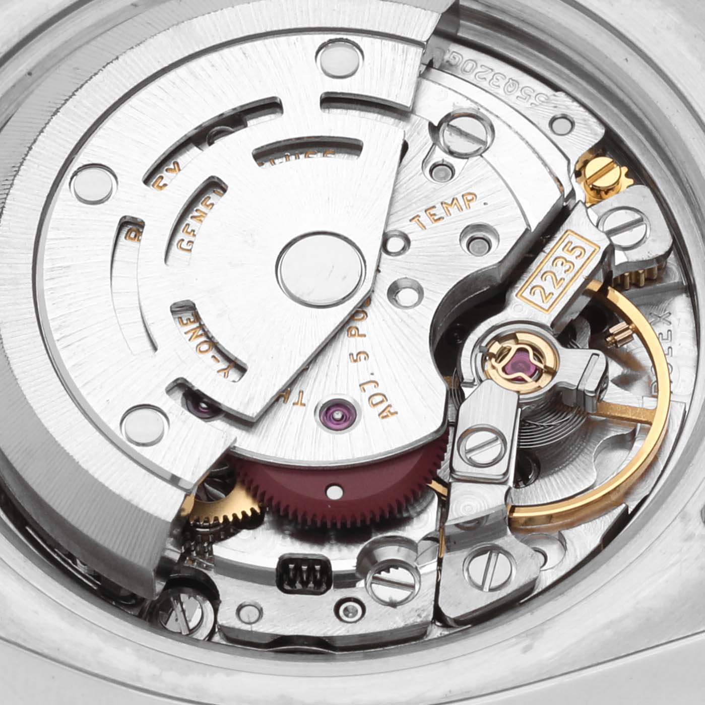 This is a close-up view of the movement mechanism inside a Rolex Datejust 179174 Women's Stainless Steel White Dial 179174 Women's Stainless Steel White Dial watch.