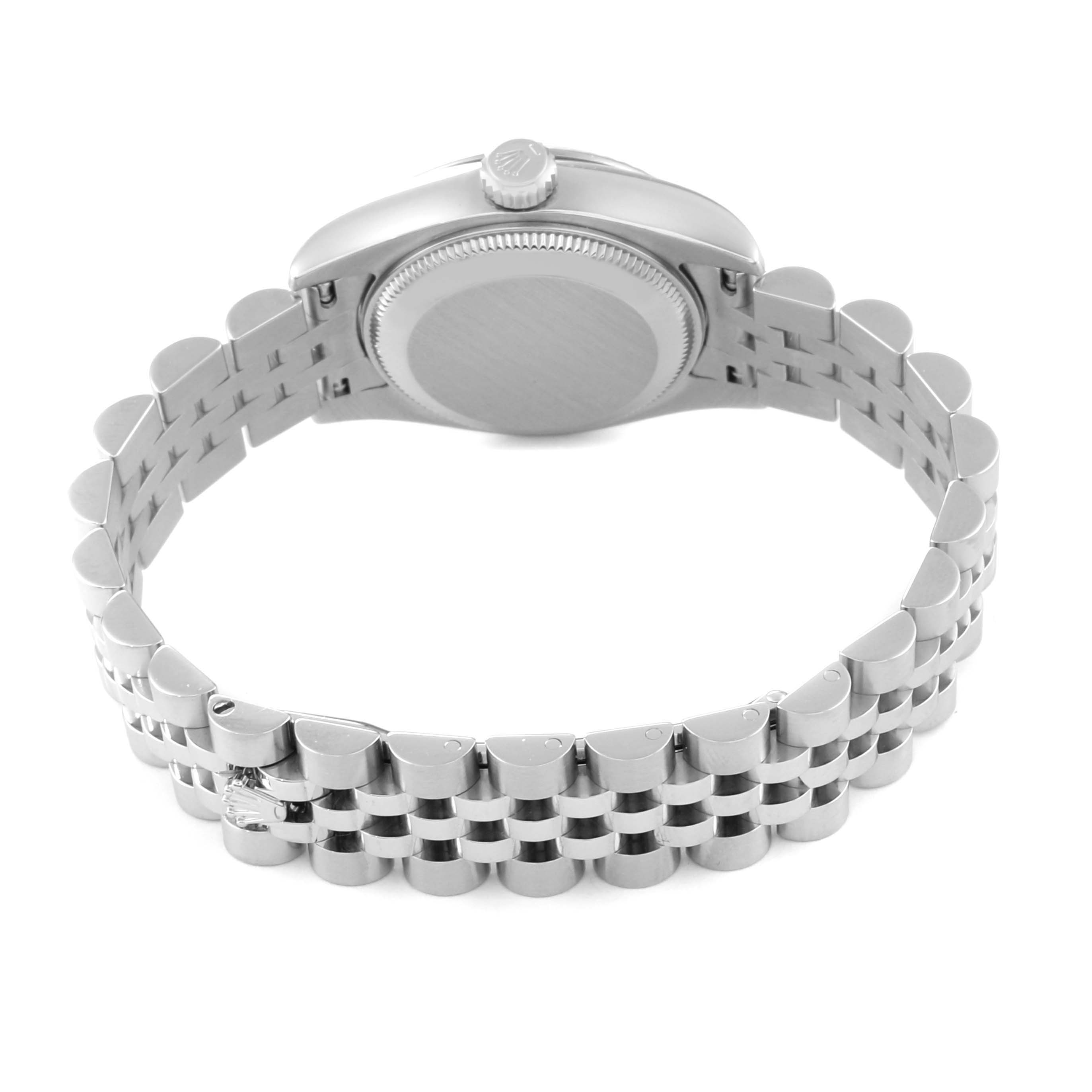 The image shows the back view of a Rolex Datejust 179174 Women's Stainless Steel White Dial 179174 Women's Stainless Steel White Dial watch, focusing on the case back and Jubilee bracelet.