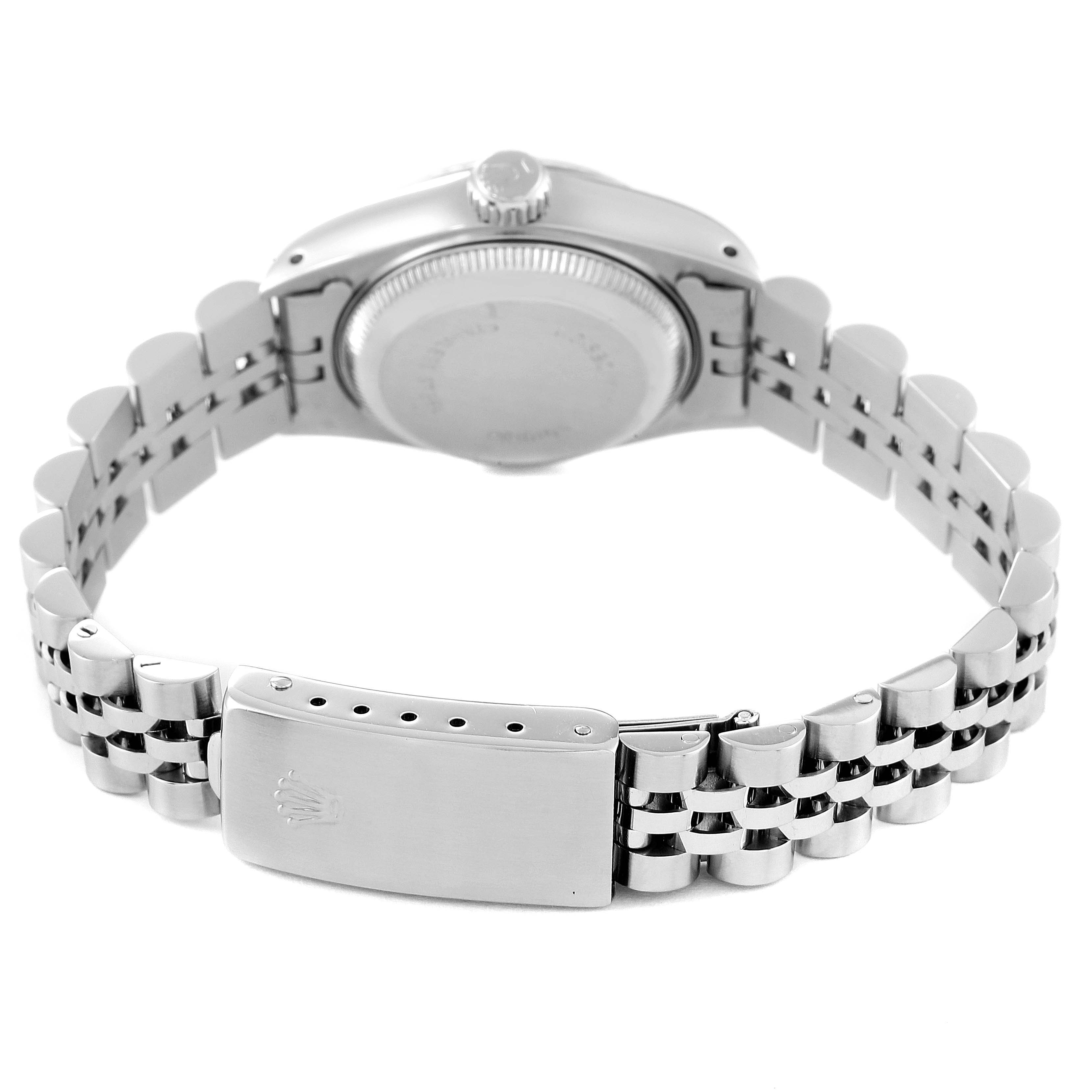 The image displays the back of a Rolex Datejust 69174 Women's Stainless Steel Silver Dial 69174 Women's Stainless Steel Silver Dial watch showing its case back, crown, and Jubilee bracelet with clasp.