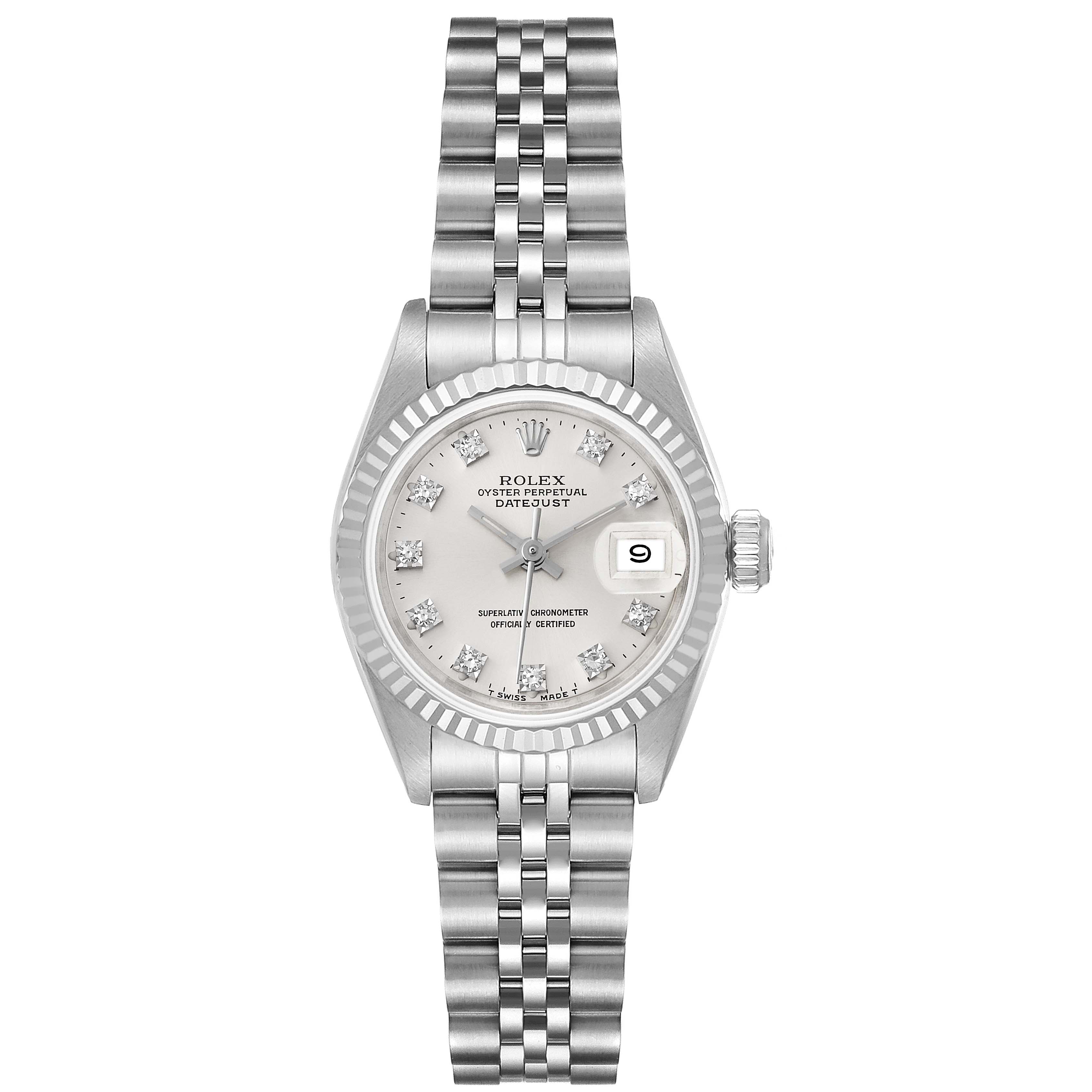 This image shows a Rolex Datejust 69174 Women's Stainless Steel Silver Dial 69174 Women's Stainless Steel Silver Dial watch from the front, highlighting the dial, bezel, bracelet, and date window.