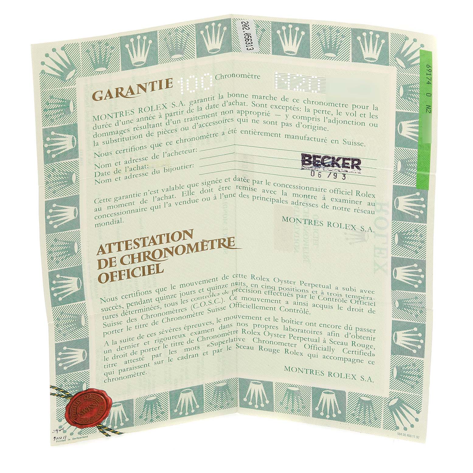 The image shows the warranty and chronometer certification papers for a Rolex Datejust 69174 Women's Stainless Steel Silver Dial 69174 Women's Stainless Steel Silver Dial model.