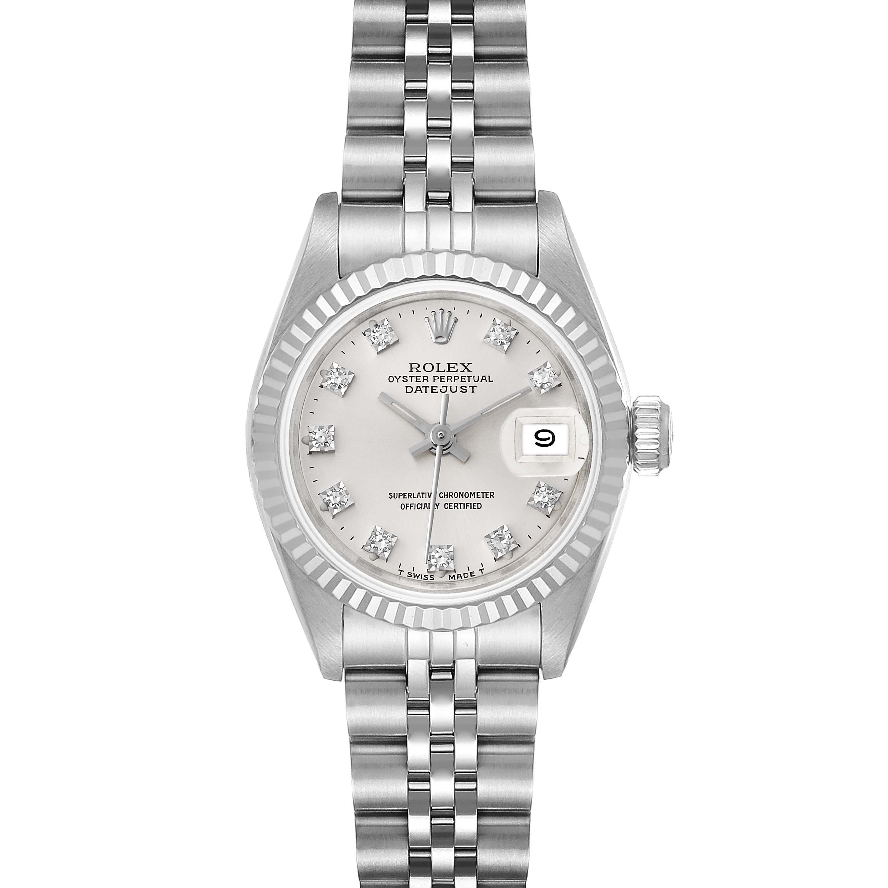 This Rolex Datejust 69174 Women's Stainless Steel Silver Dial 69174 Women's Stainless Steel Silver Dial watch is shown from a top-down angle, highlighting the dial, bezel, and bracelet.