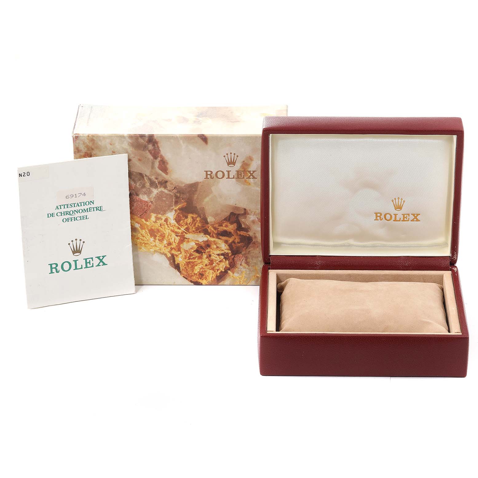 The image shows the packaging, including the box, cushion, and certification, for the Rolex Datejust 69174 Women's Stainless Steel Silver Dial 69174 Women's Stainless Steel Silver Dial model.