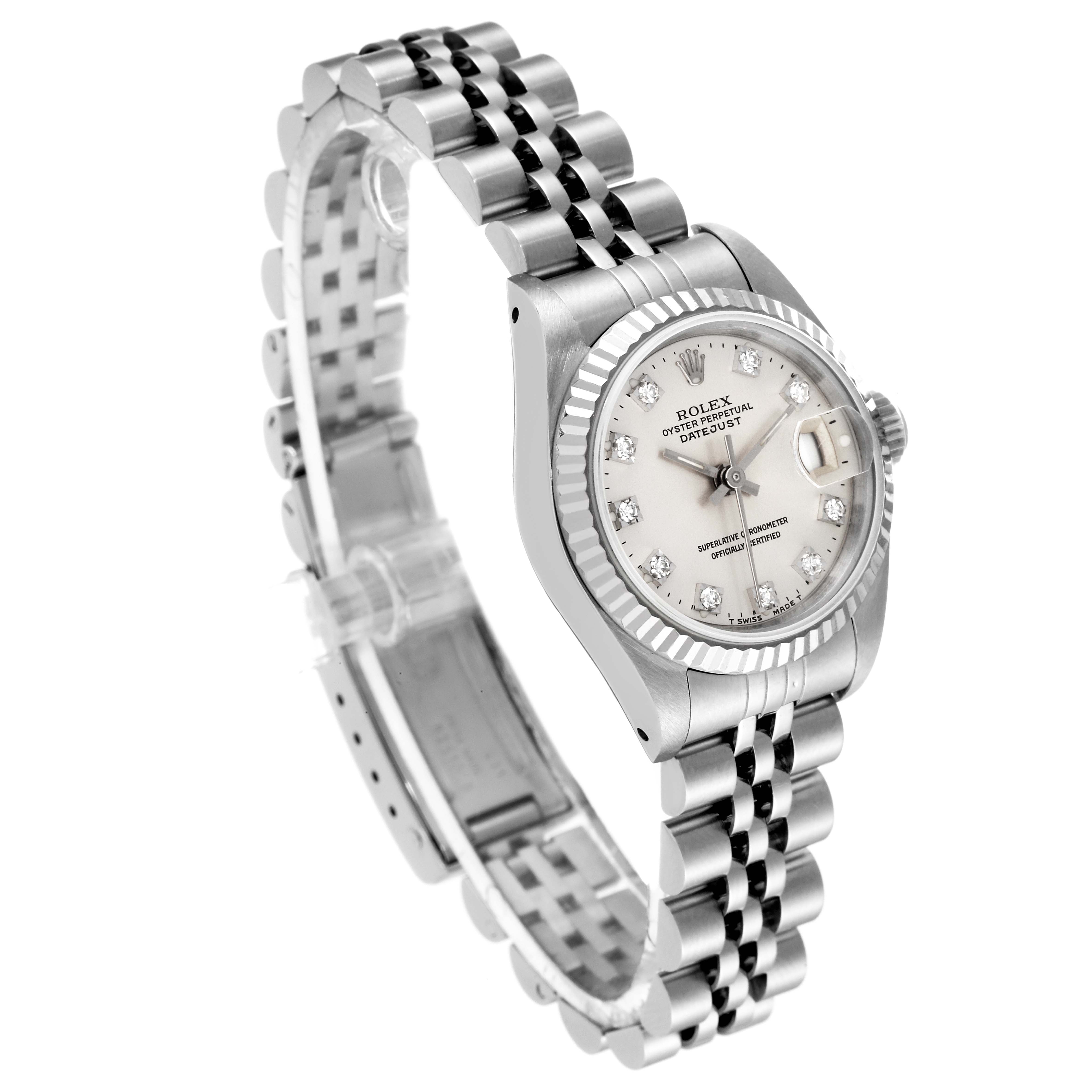 This image shows a Rolex Datejust 69174 Women's Stainless Steel Silver Dial 69174 Women's Stainless Steel Silver Dial watch at a slight side angle, highlighting the face, bezel, and bracelet.