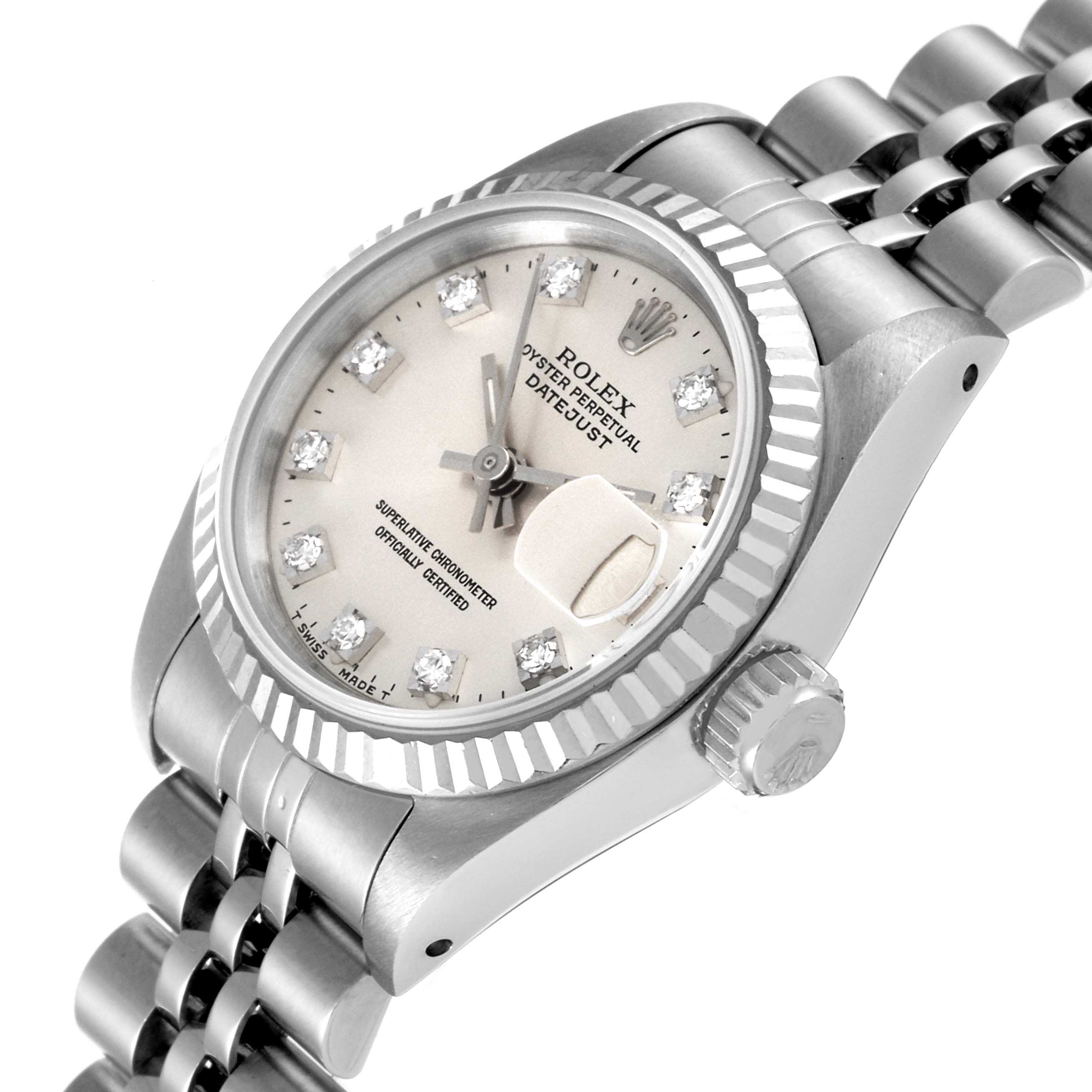 The image shows a side angle of a Rolex Datejust 69174 Women's Stainless Steel Silver Dial 69174 Women's Stainless Steel Silver Dial watch, focusing on the dial, bezel, crown, and bracelet.