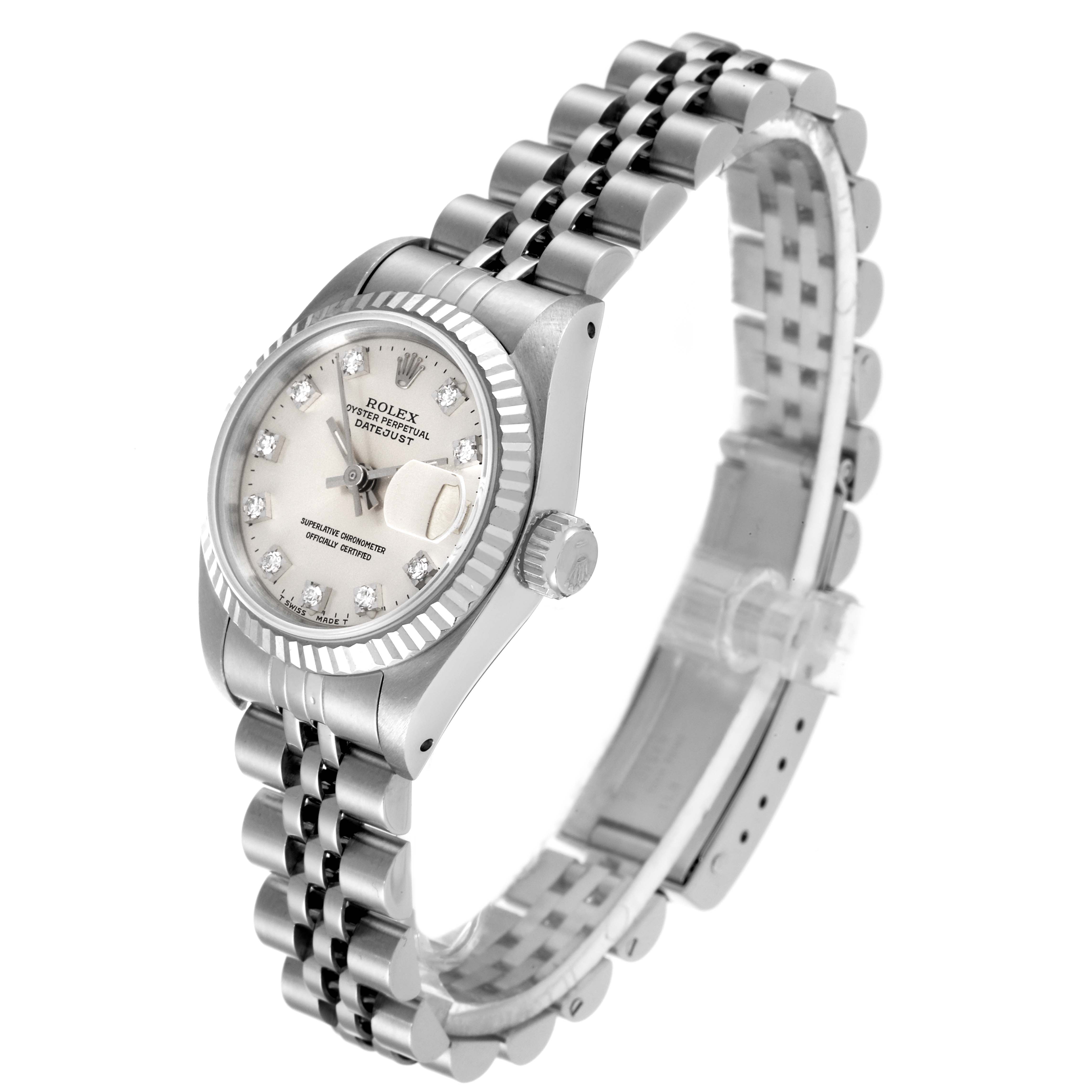 The image shows a Rolex Datejust 69174 Women's Stainless Steel Silver Dial 69174 Women's Stainless Steel Silver Dial model watch at an angle highlighting the dial, bezel, crown, and Jubilee bracelet.