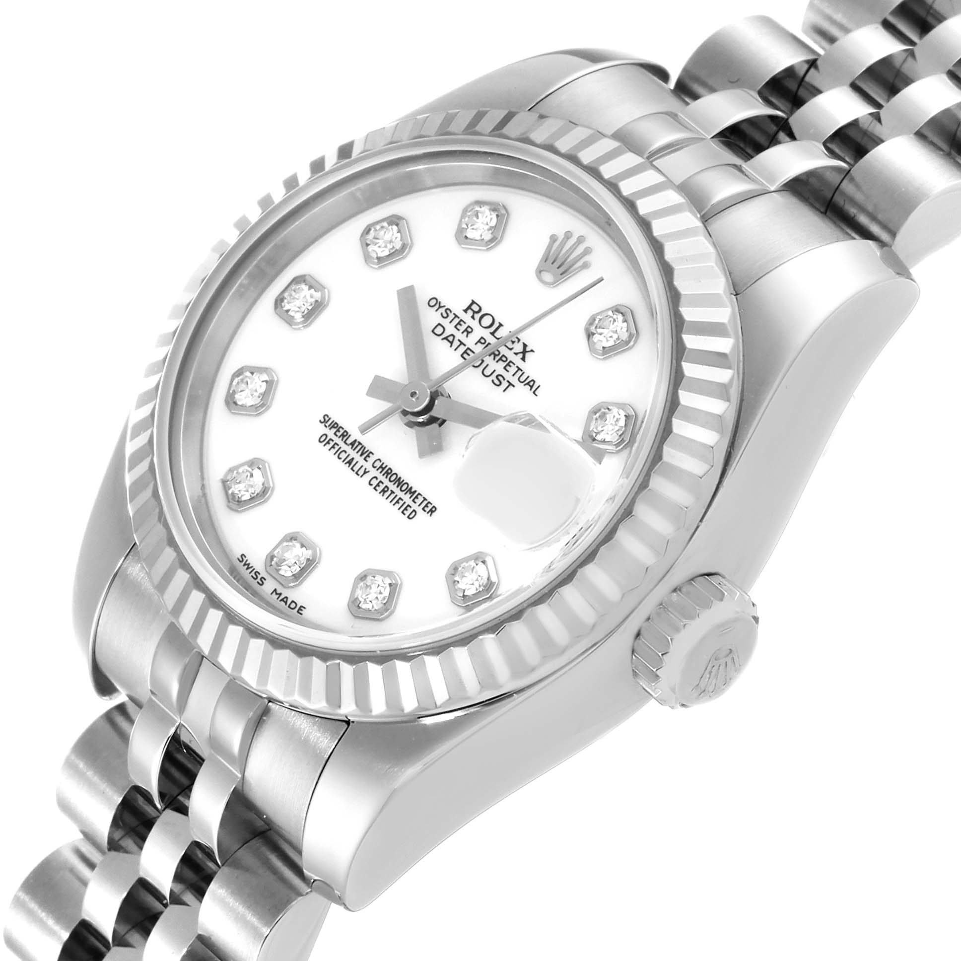 The image shows a close-up of a Rolex Datejust 179174 Women's Stainless Steel White Dial 179174 Women's Stainless Steel White Dial watch at an angled view, highlighting the dial, bezel, and bracelet.