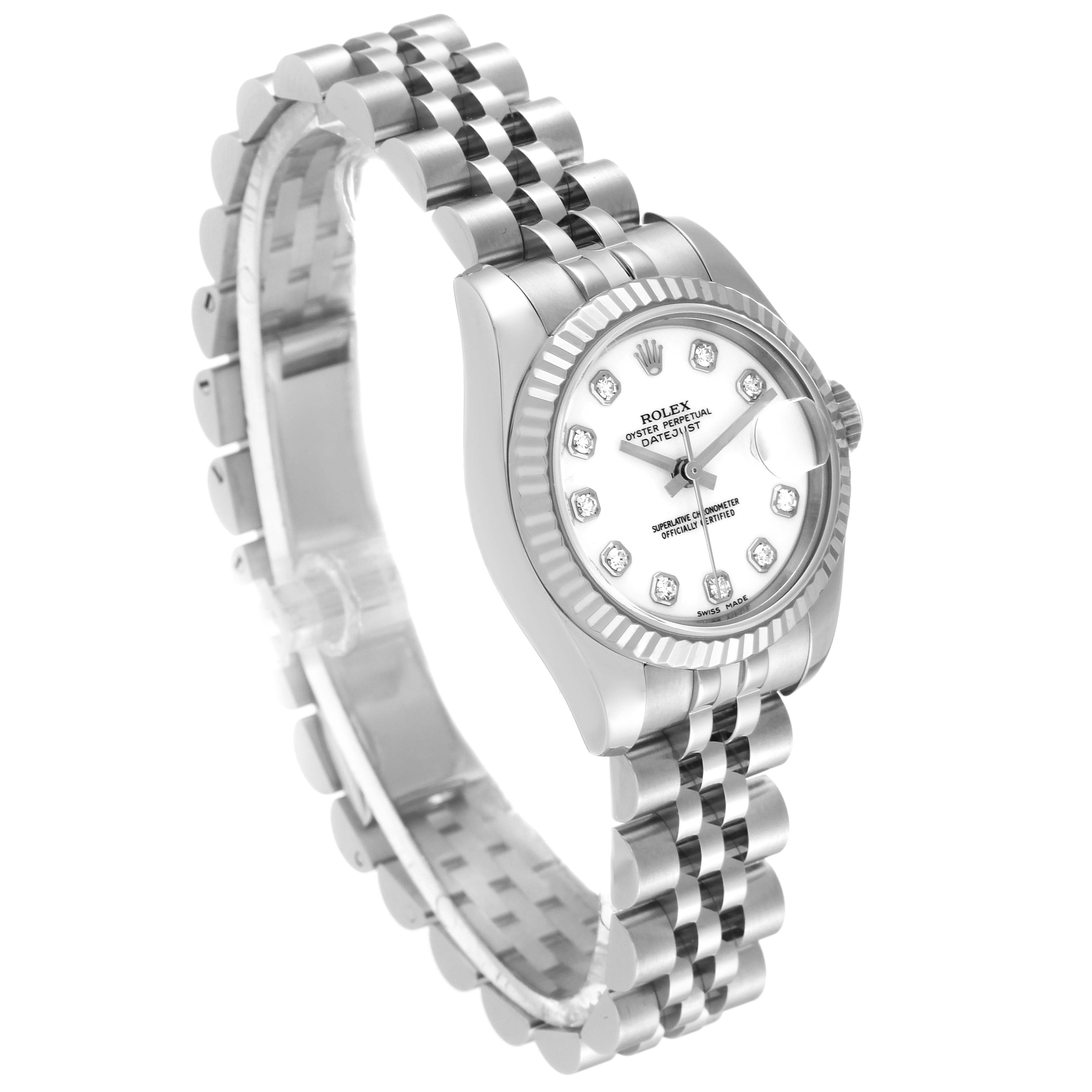This image shows a Rolex Datejust 179174 Women's Stainless Steel White Dial 179174 Women's Stainless Steel White Dial watch from an oblique angle, highlighting the face, bezel, and bracelet.