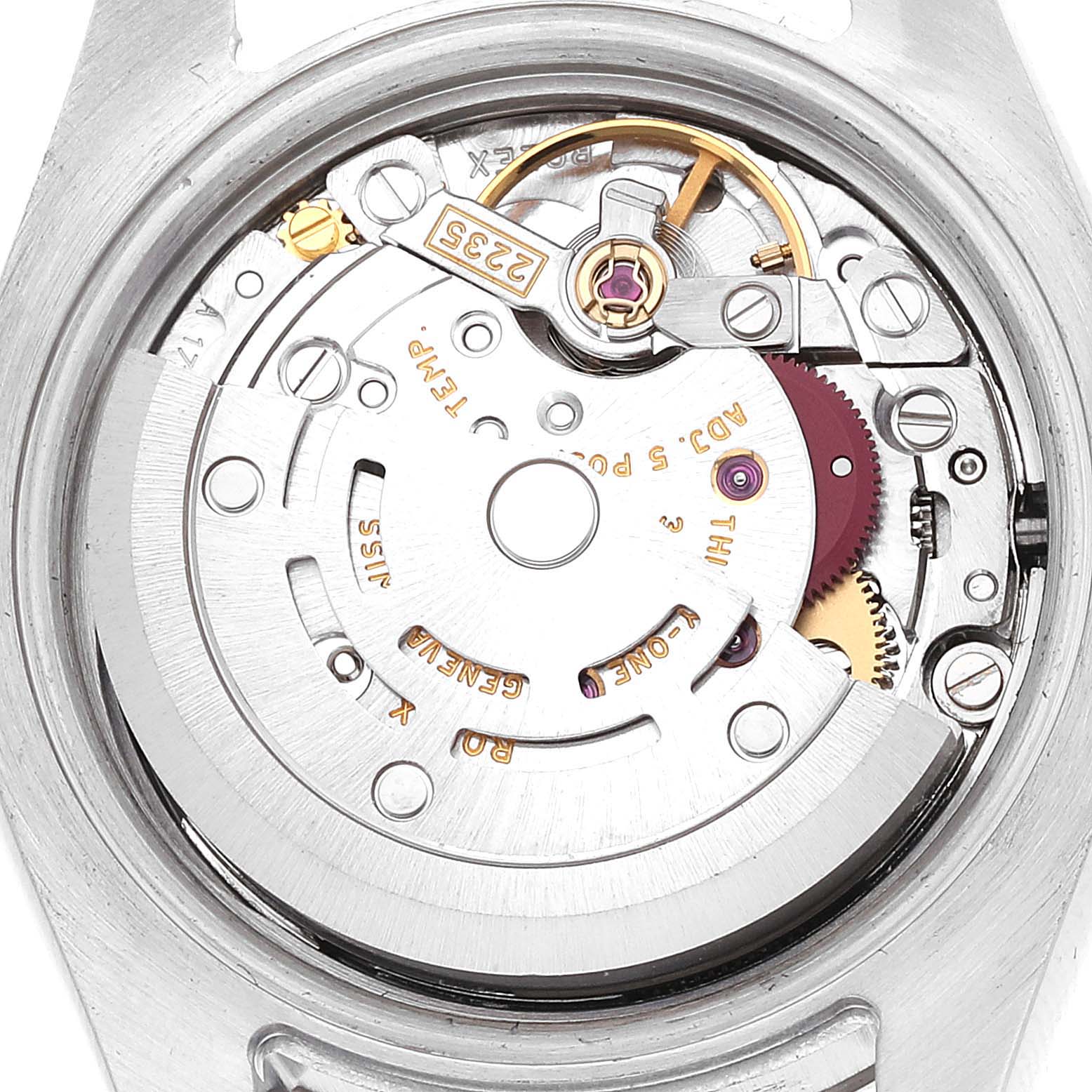 The image shows the movement and internal mechanism of a Rolex Datejust 179174 Women's Stainless Steel White Dial 179174 Women's Stainless Steel White Dial watch from a top-down angle without the case back.