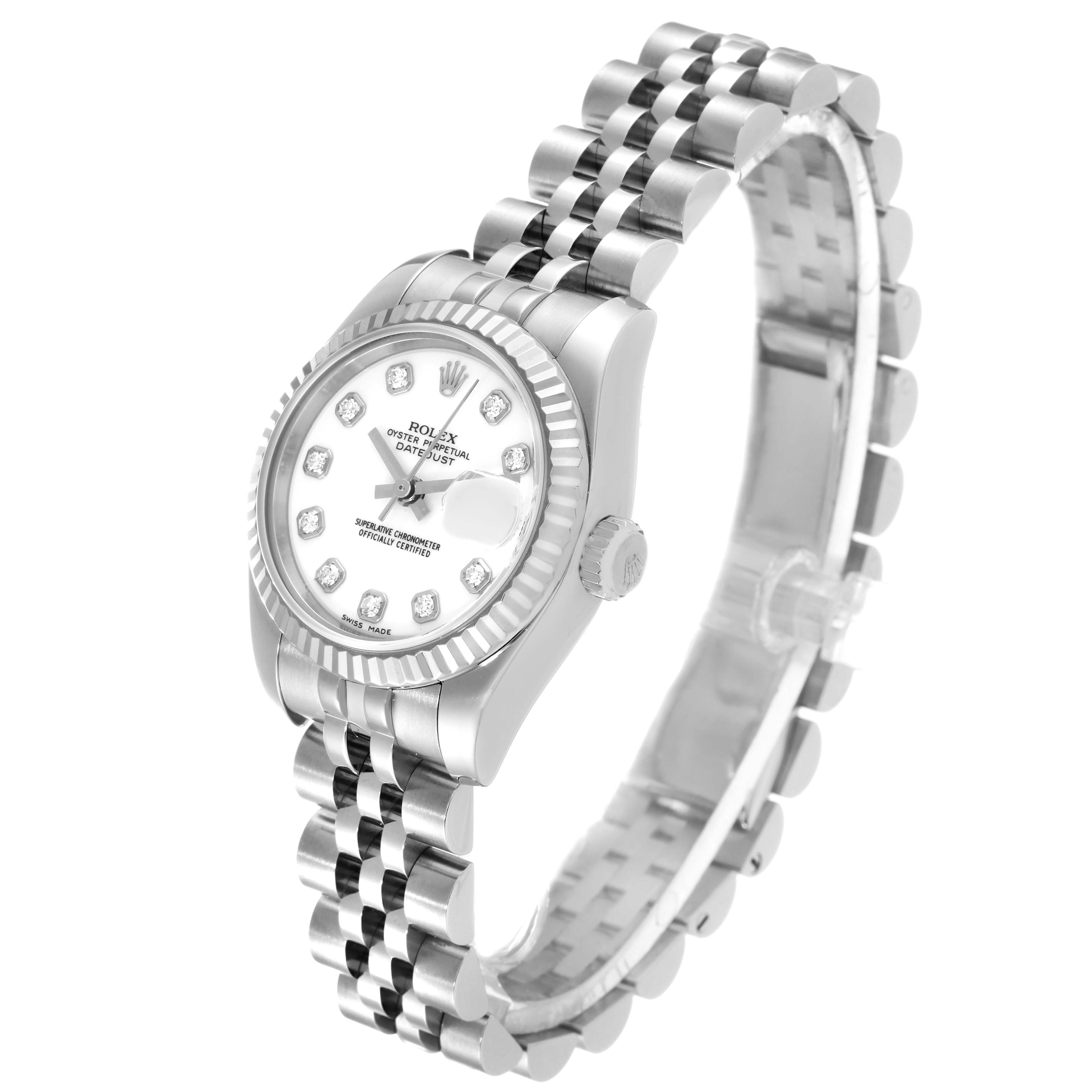 The image shows a Rolex Datejust 179174 Women's Stainless Steel White Dial 179174 Women's Stainless Steel White Dial watch angled to display the face, bezel, crown, and bracelet.