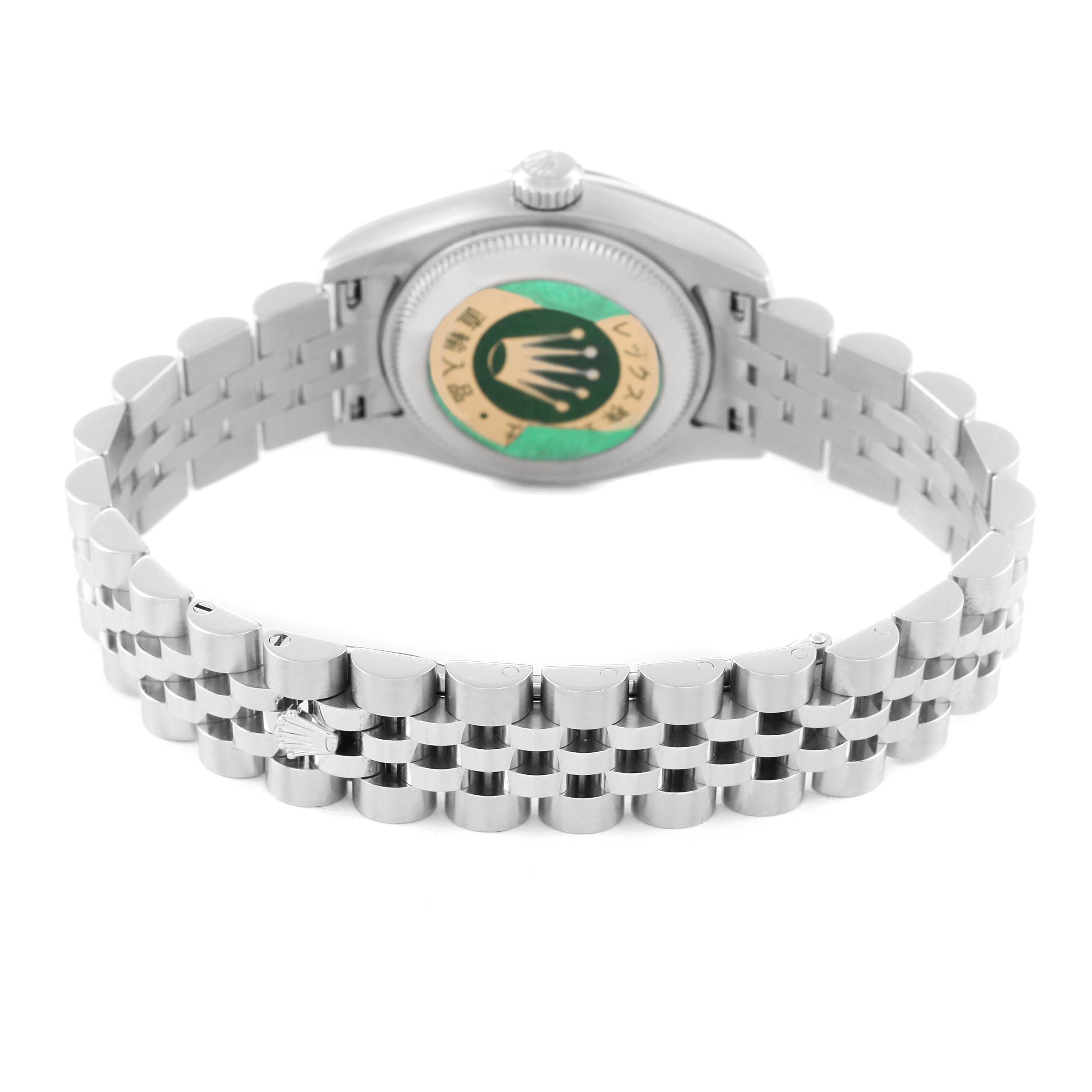 The image shows the back view of a Rolex Datejust 179174 Women's Stainless Steel White Dial 179174 Women's Stainless Steel White Dial watch, focusing on the case back and Jubilee bracelet.