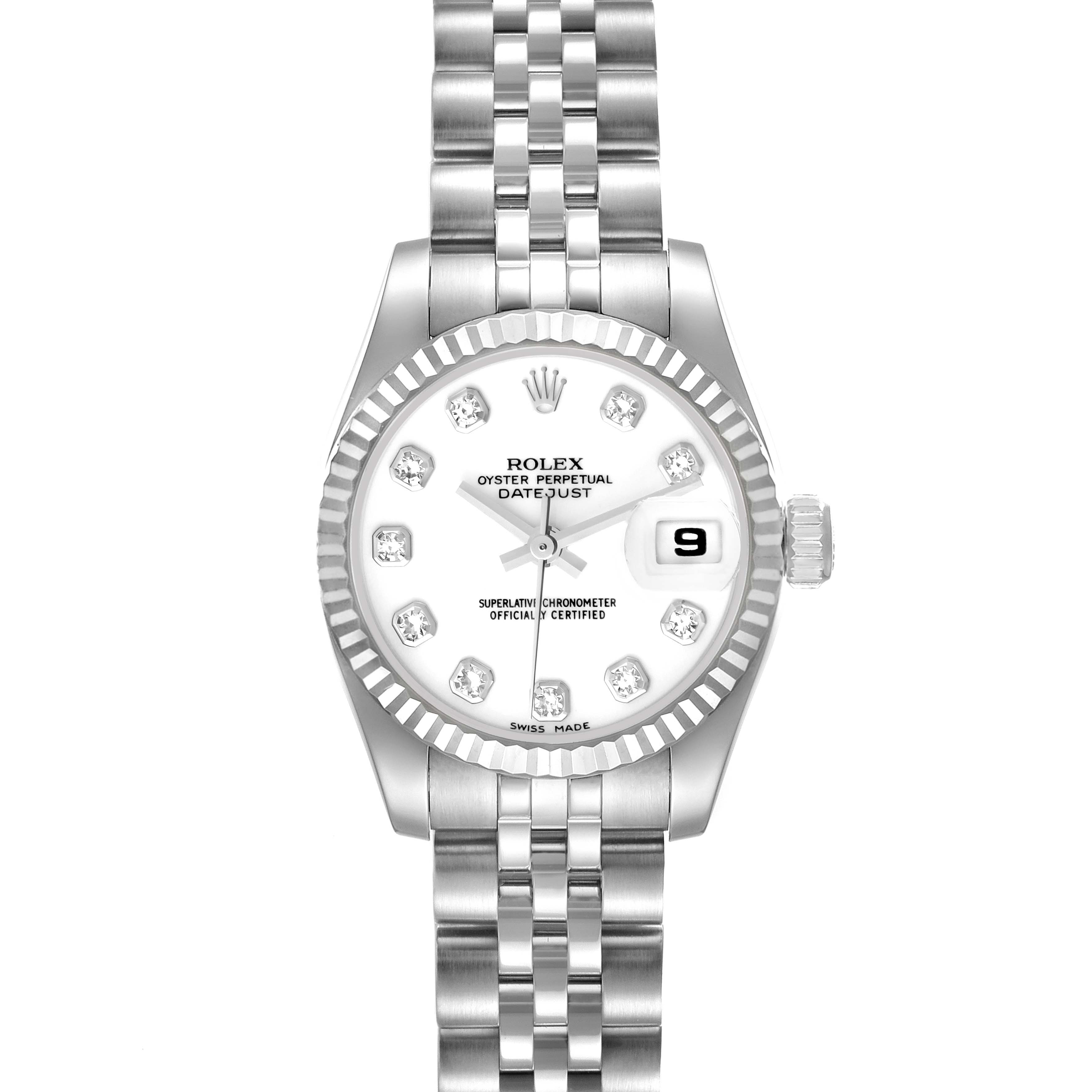 This Rolex Datejust 179174 Women's Stainless Steel White Dial 179174 Women's Stainless Steel White Dial model watch is shown from a top-down angle, highlighting the face, bezel, crown, and part of the bracelet.