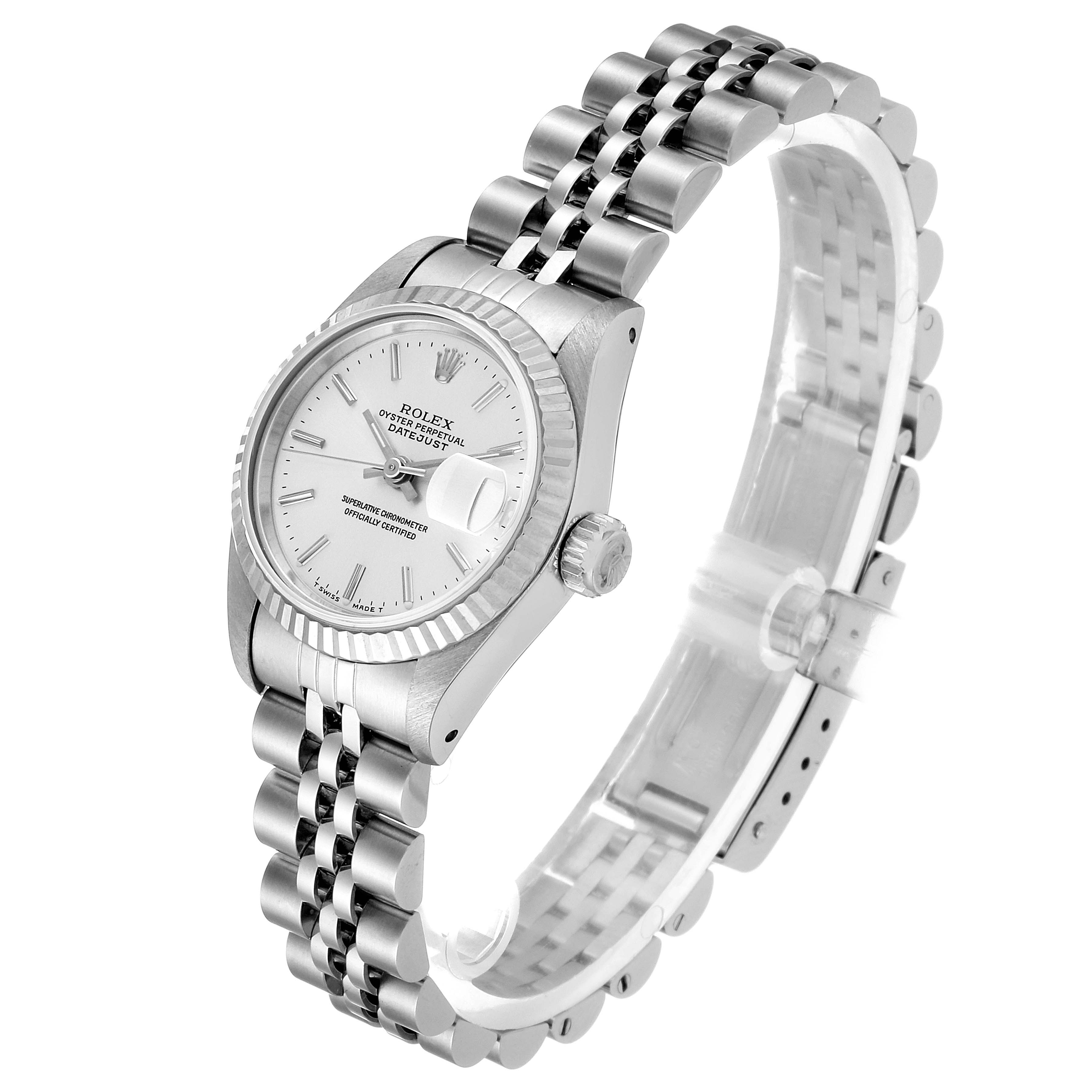 The image shows a Rolex Datejust 69174 Women's Stainless Steel Silver Dial 69174 Women's Stainless Steel Silver Dial watch taken at a slight left angle, displaying the dial, case, bezel, crown, and bracelet.