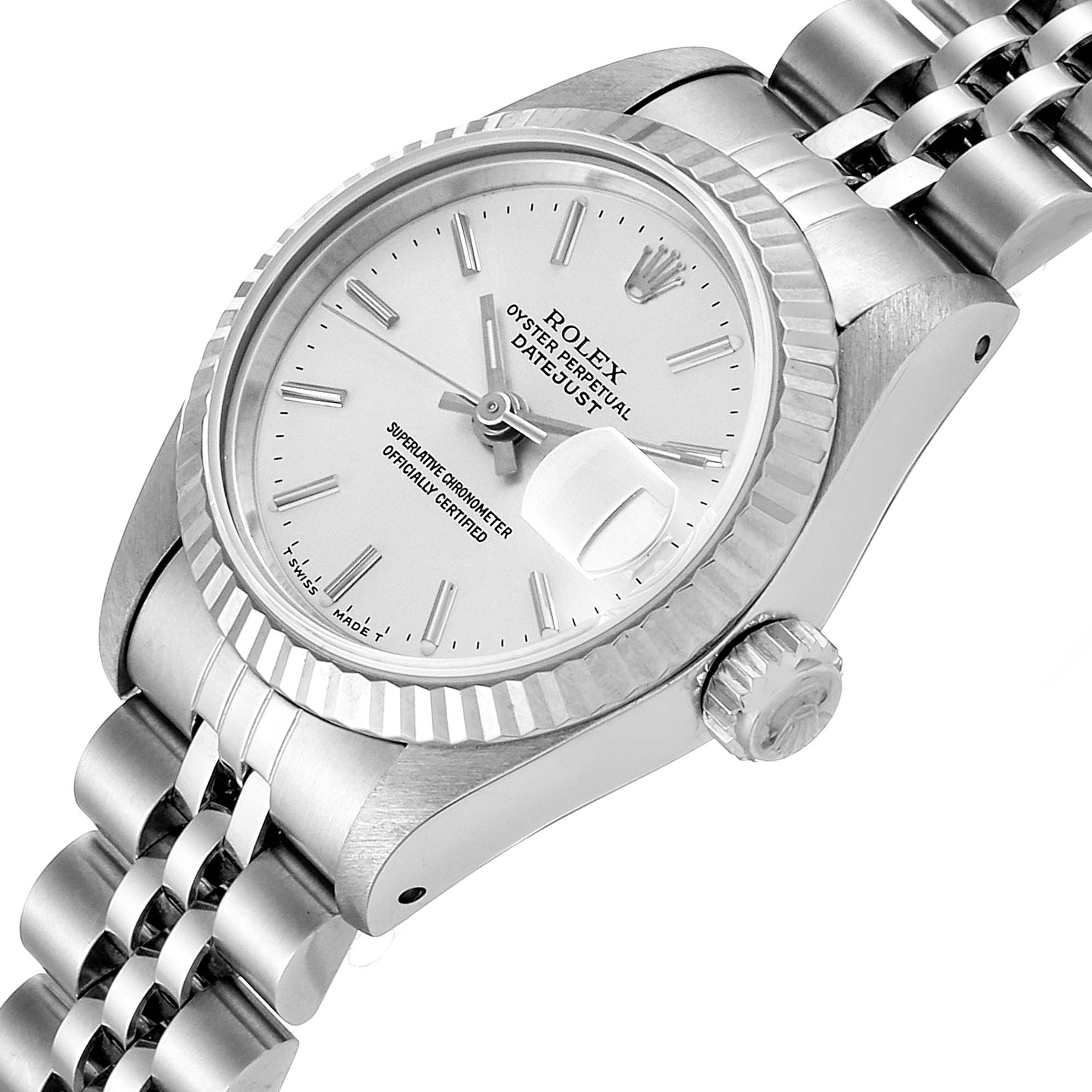 This image shows a Rolex Datejust 69174 Women's Stainless Steel Silver Dial 69174 Women's Stainless Steel Silver Dial watch from an angled view, highlighting the face, crown, and part of the bracelet.